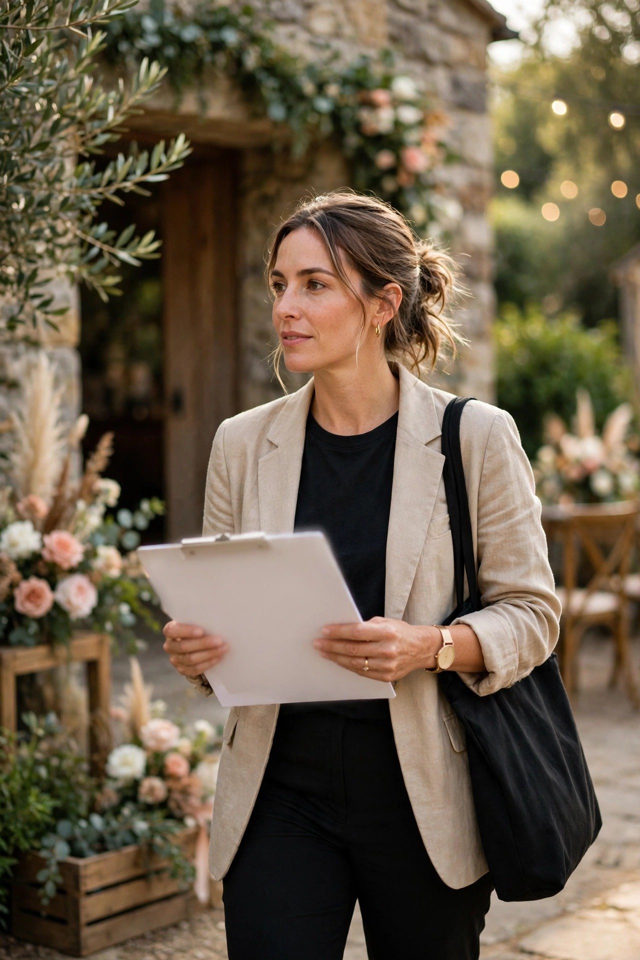 Wedding coordinator arriving with clipboard and timeline at the venue