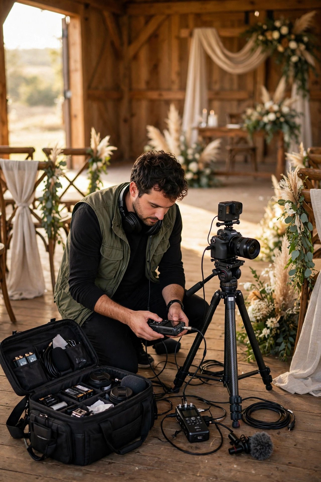 Videographer setting up camera and audio equipment at a wedding venue