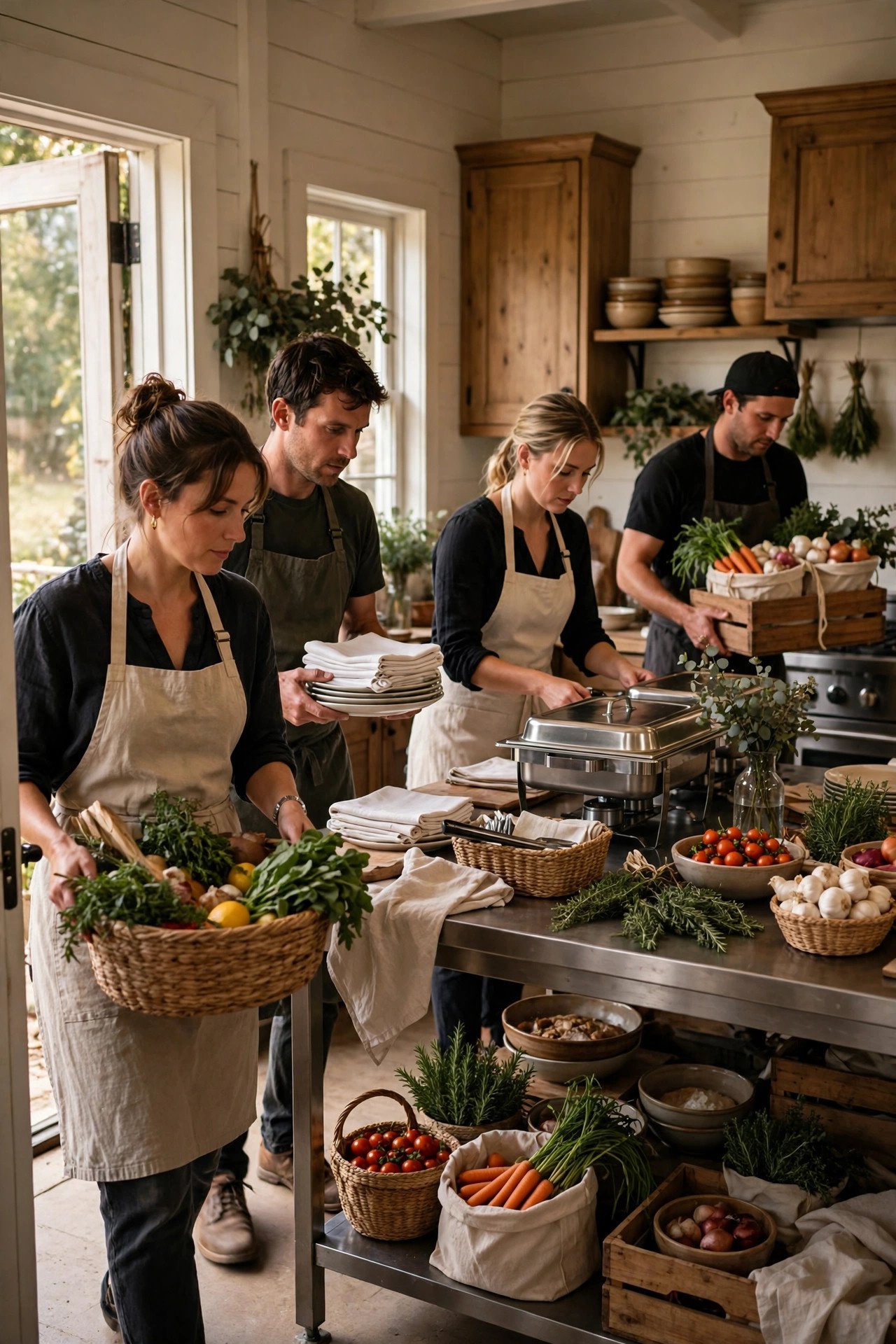 Catering team arriving and setting up a venue kitchen for wedding dinner service