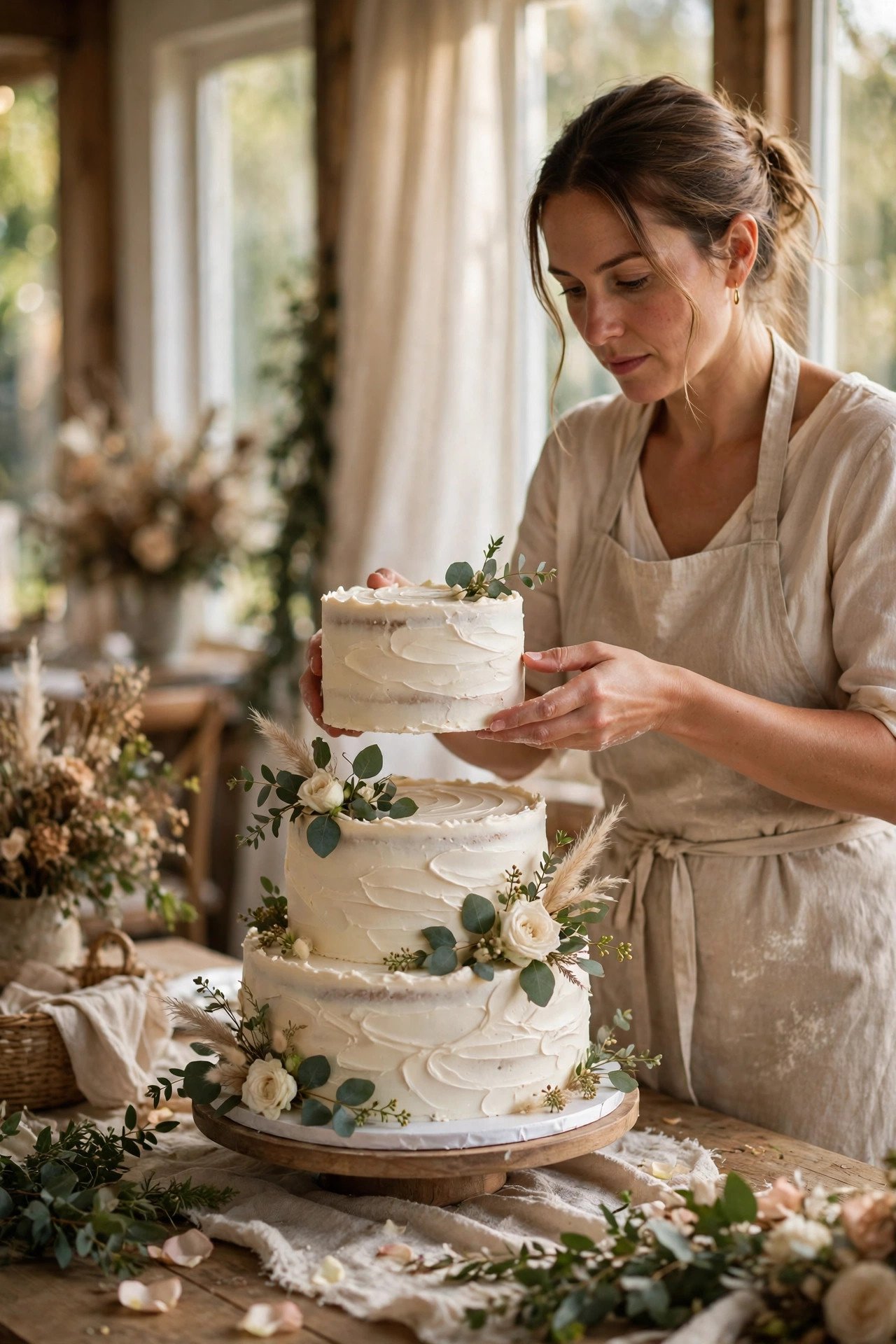 Baker carefully delivering and assembling a tiered wedding cake