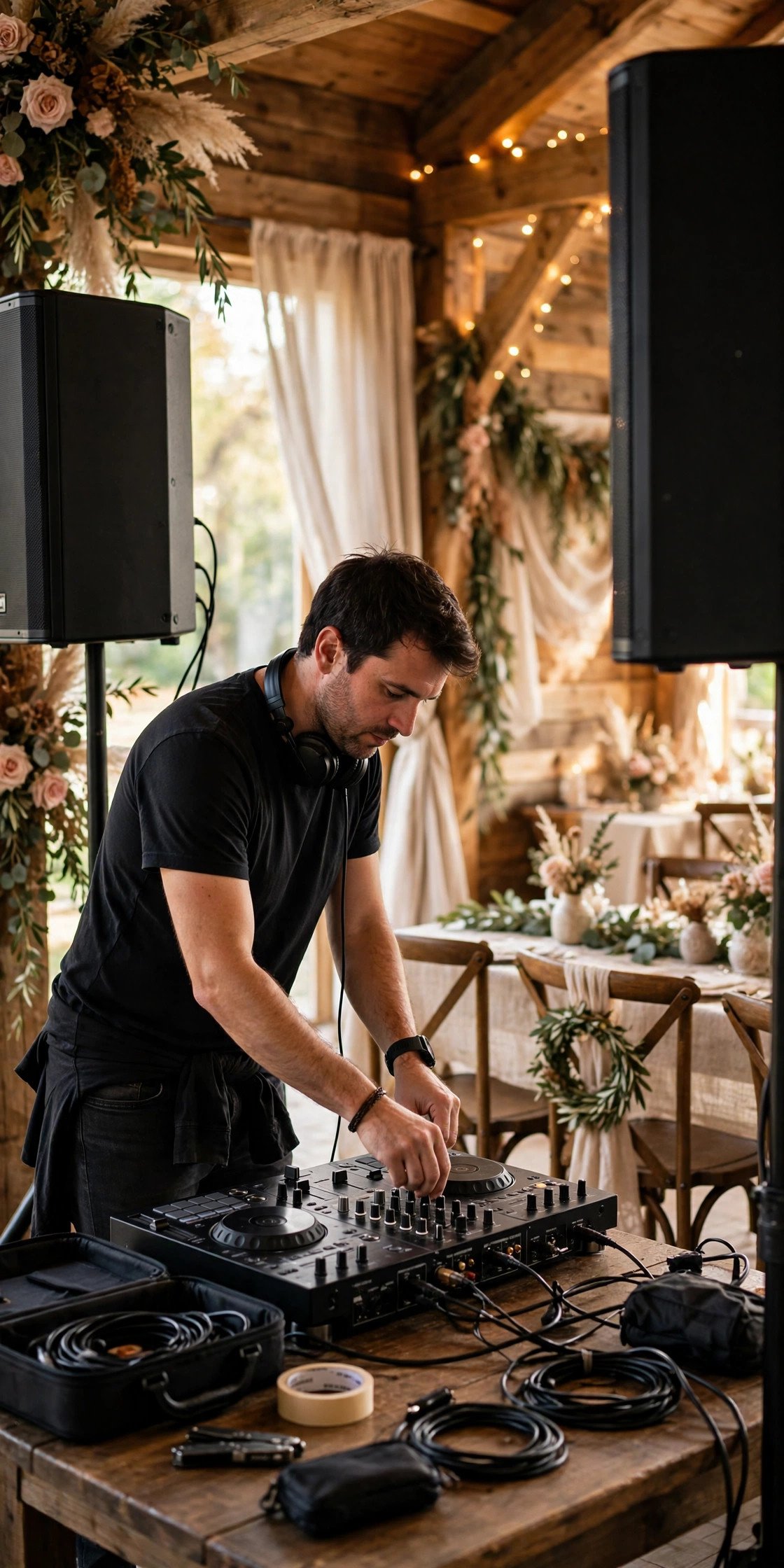 DJ setting up speakers and mixing desk at a wedding reception space
