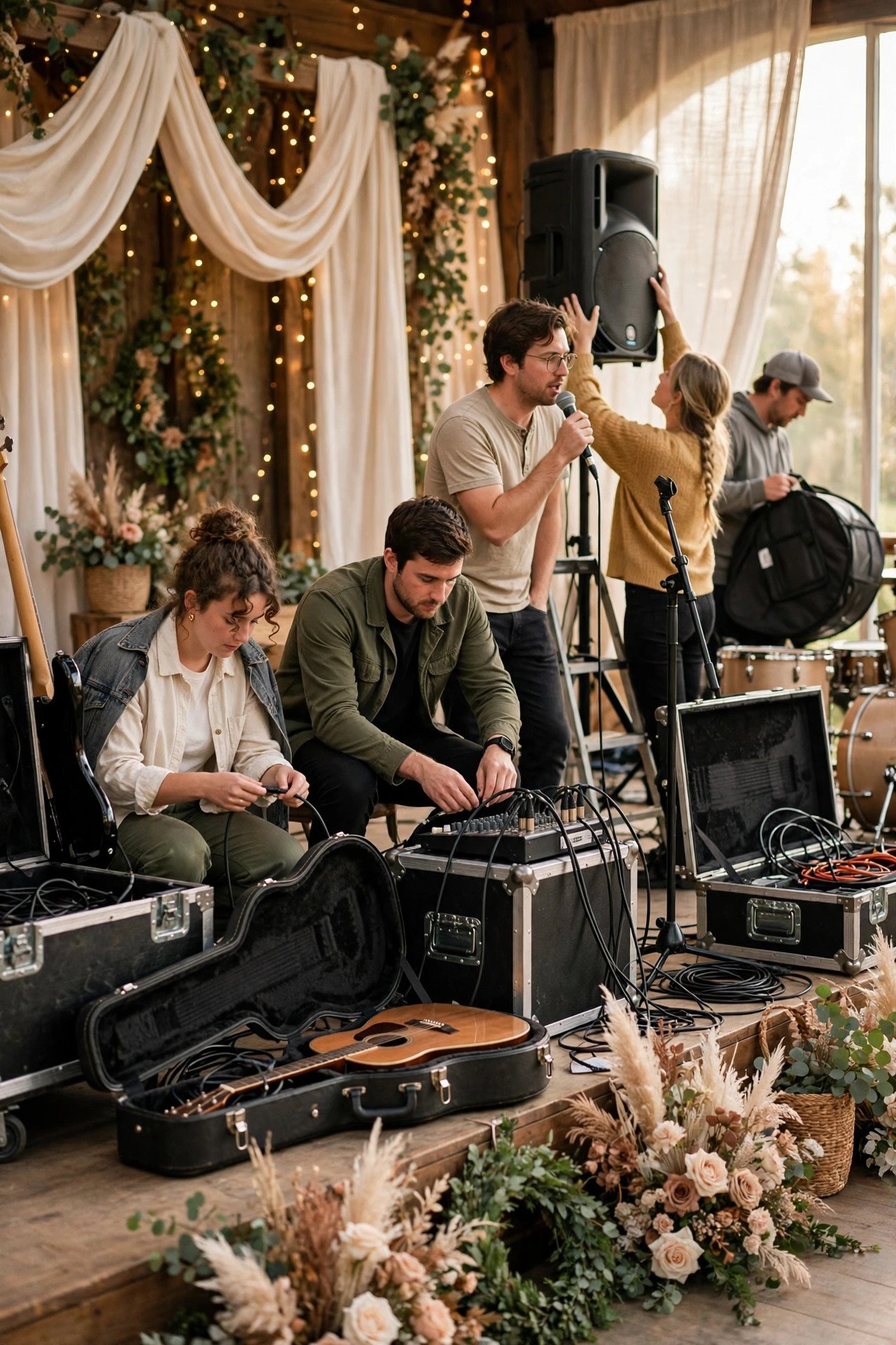 Wedding band loading in instruments and running a soundcheck on stage