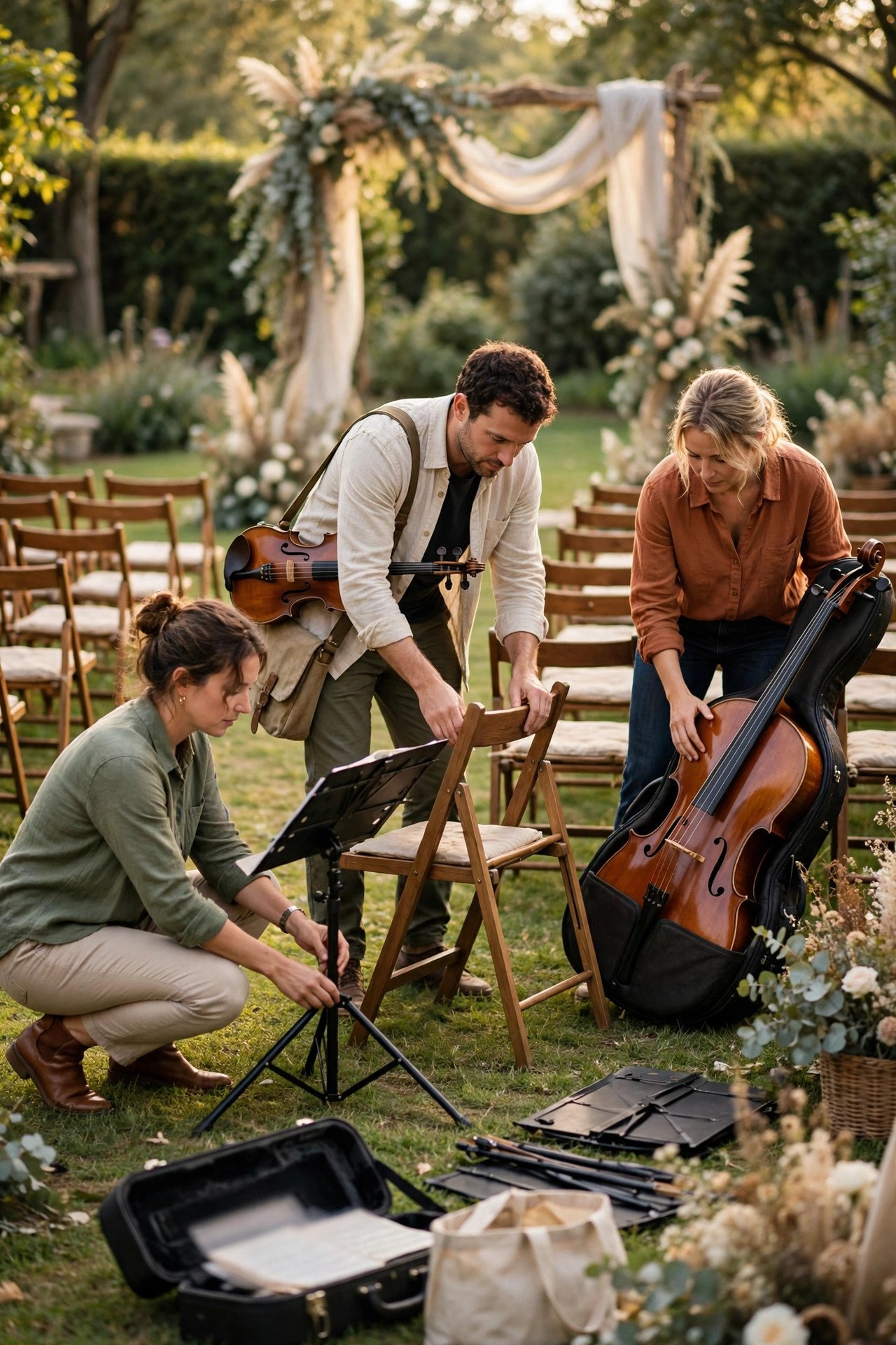 String musicians arriving and setting up chairs and stands for a wedding ceremony