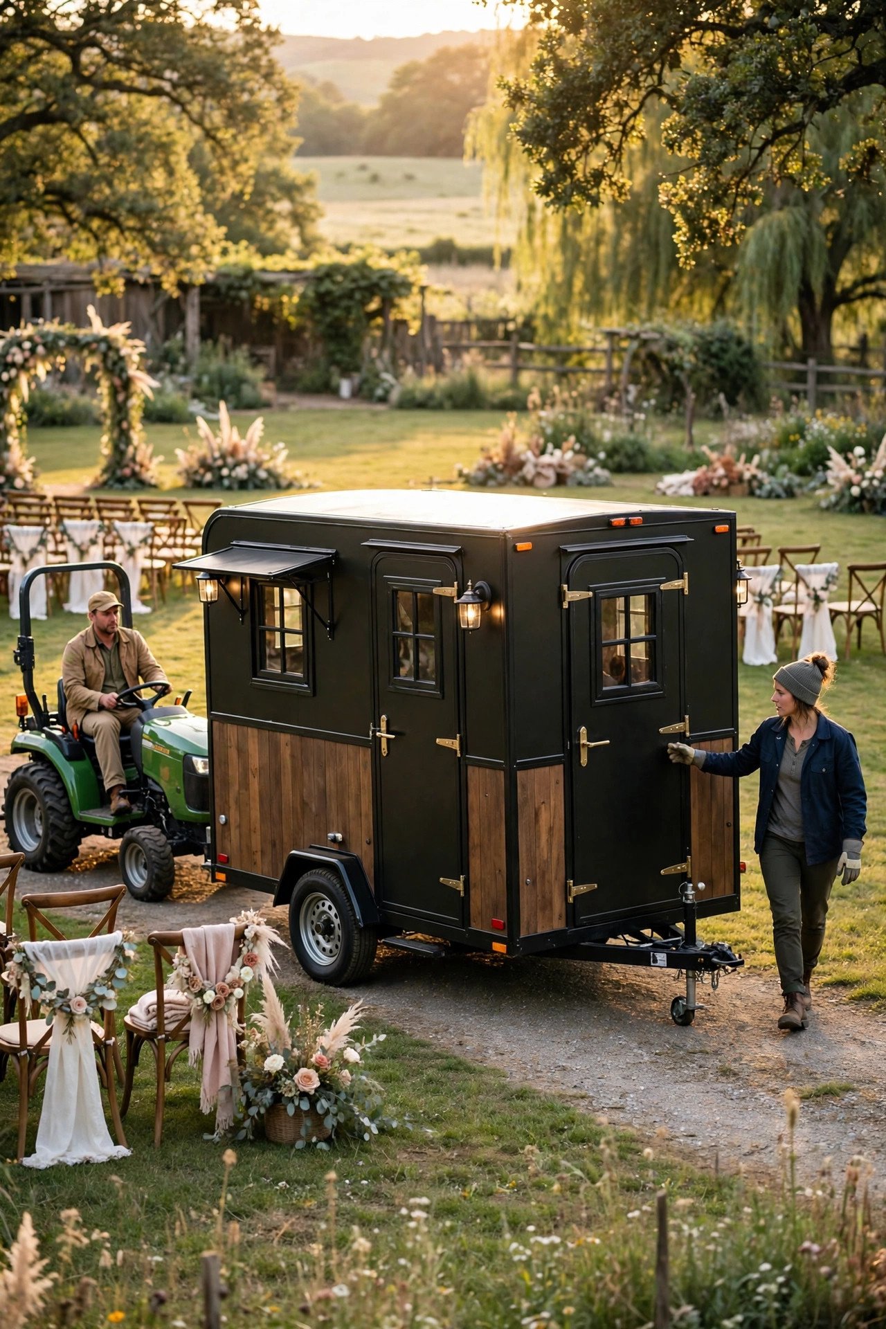 Elegant portable restroom trailer being positioned at an outdoor wedding venue