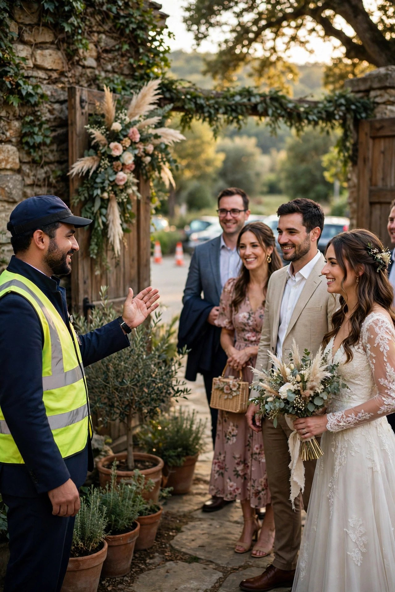 Parking attendant greeting arriving wedding guests at a venue entrance