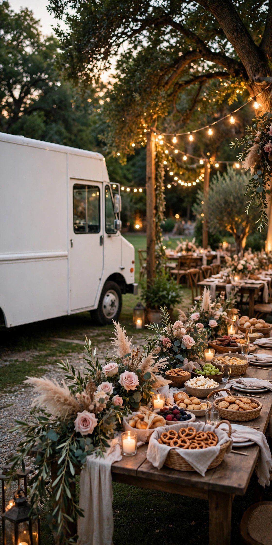 Food truck parking into position beside a wedding reception for late-night snacks