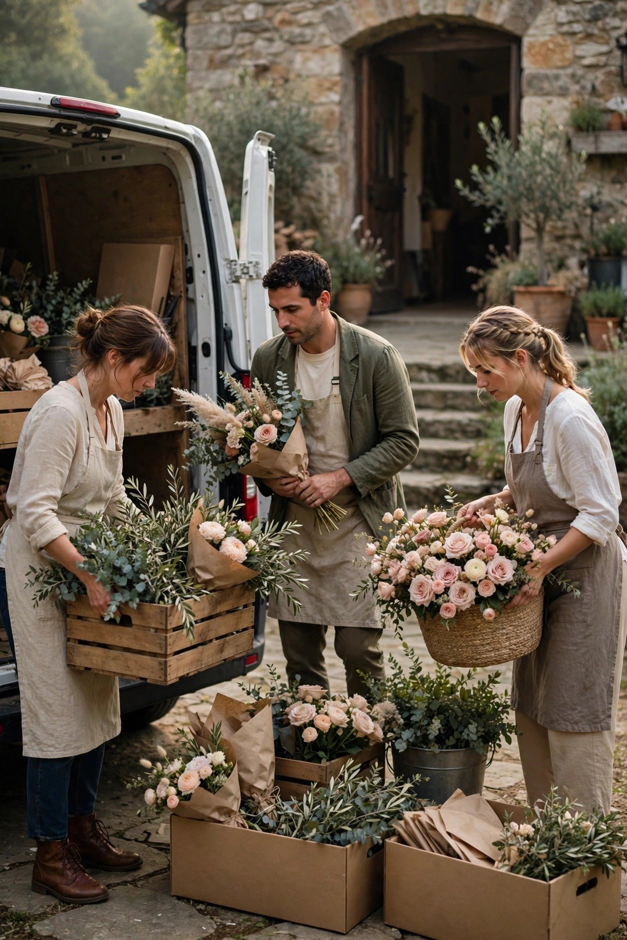 Wedding vendors unloading decor and flowers at a venue entrance in the soft morning light