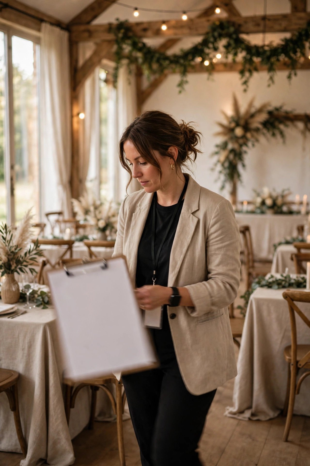 Coordinator walking an empty wedding venue and checking the floor plan
