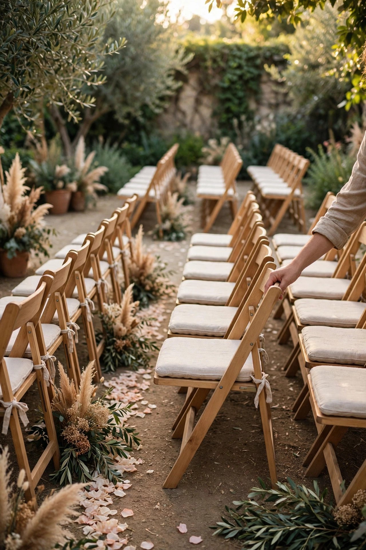 Rows of ceremony chairs being aligned with a clear center aisle