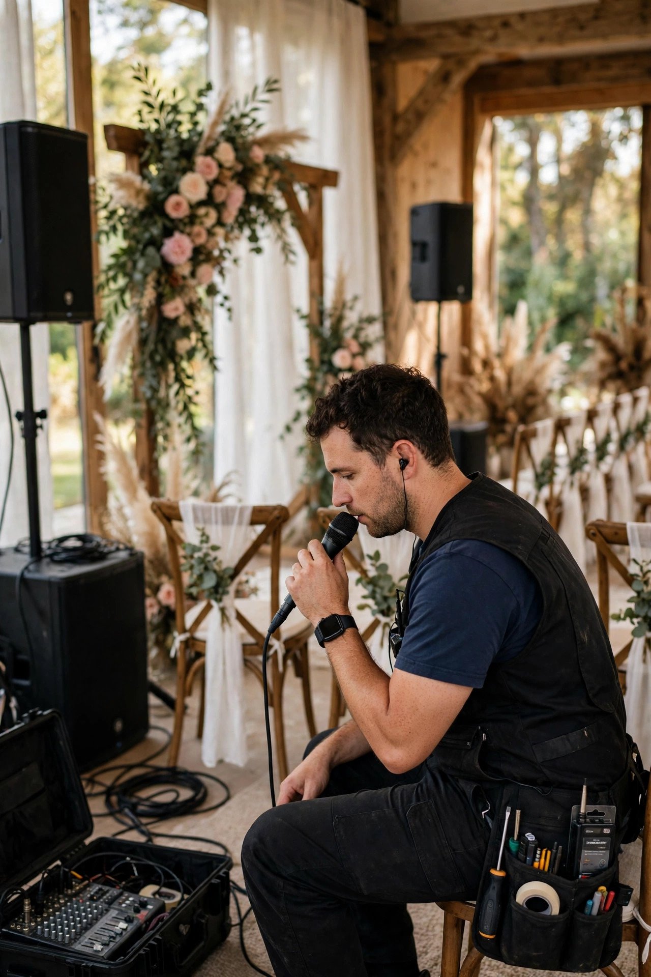 Technician testing ceremony microphones and speakers before guests arrive