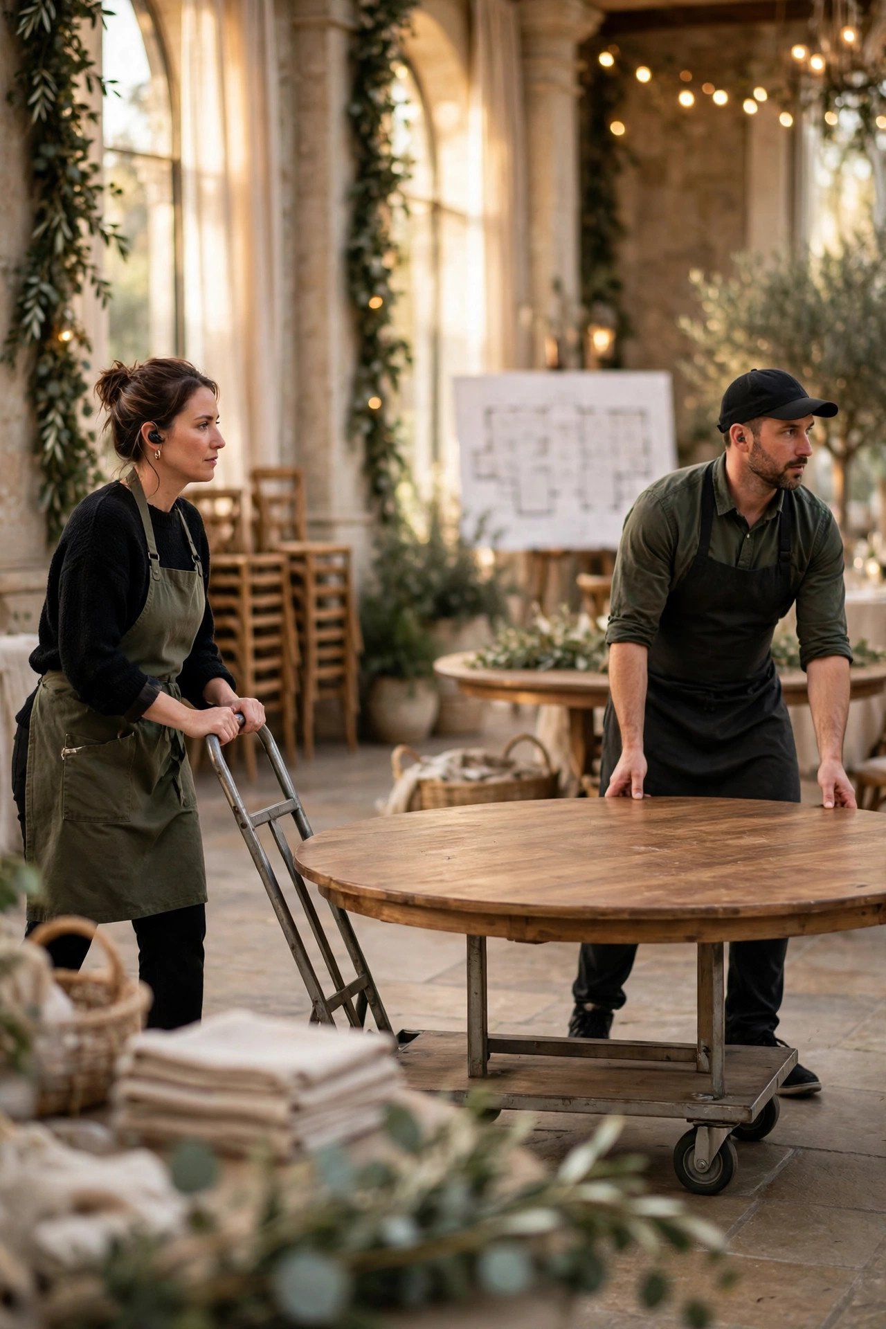 Reception tables being rolled into position following a floor plan