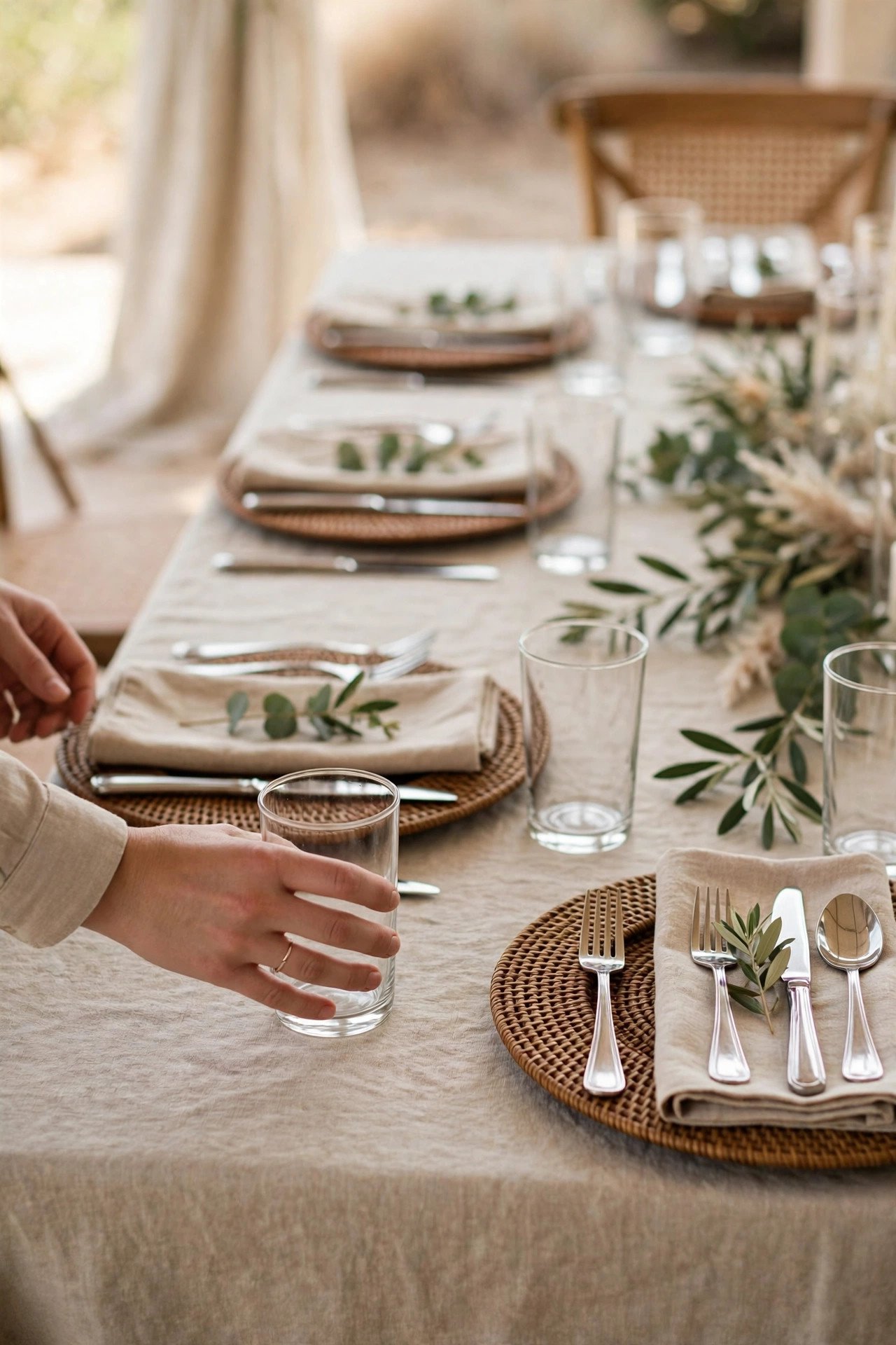 Place settings with chargers cutlery and glassware being laid on linen tables