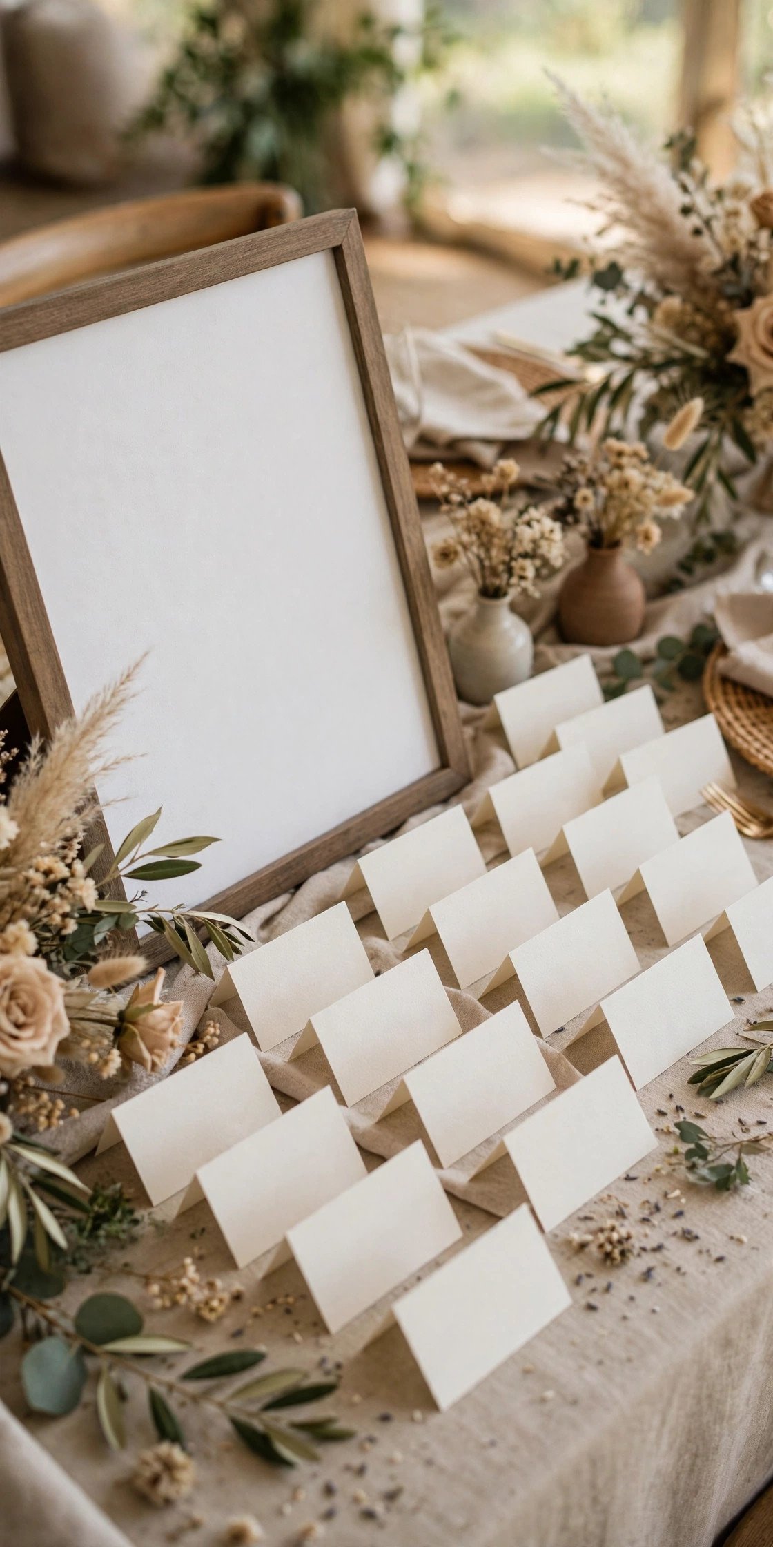 Place cards arranged alphabetically beside a framed seating chart display