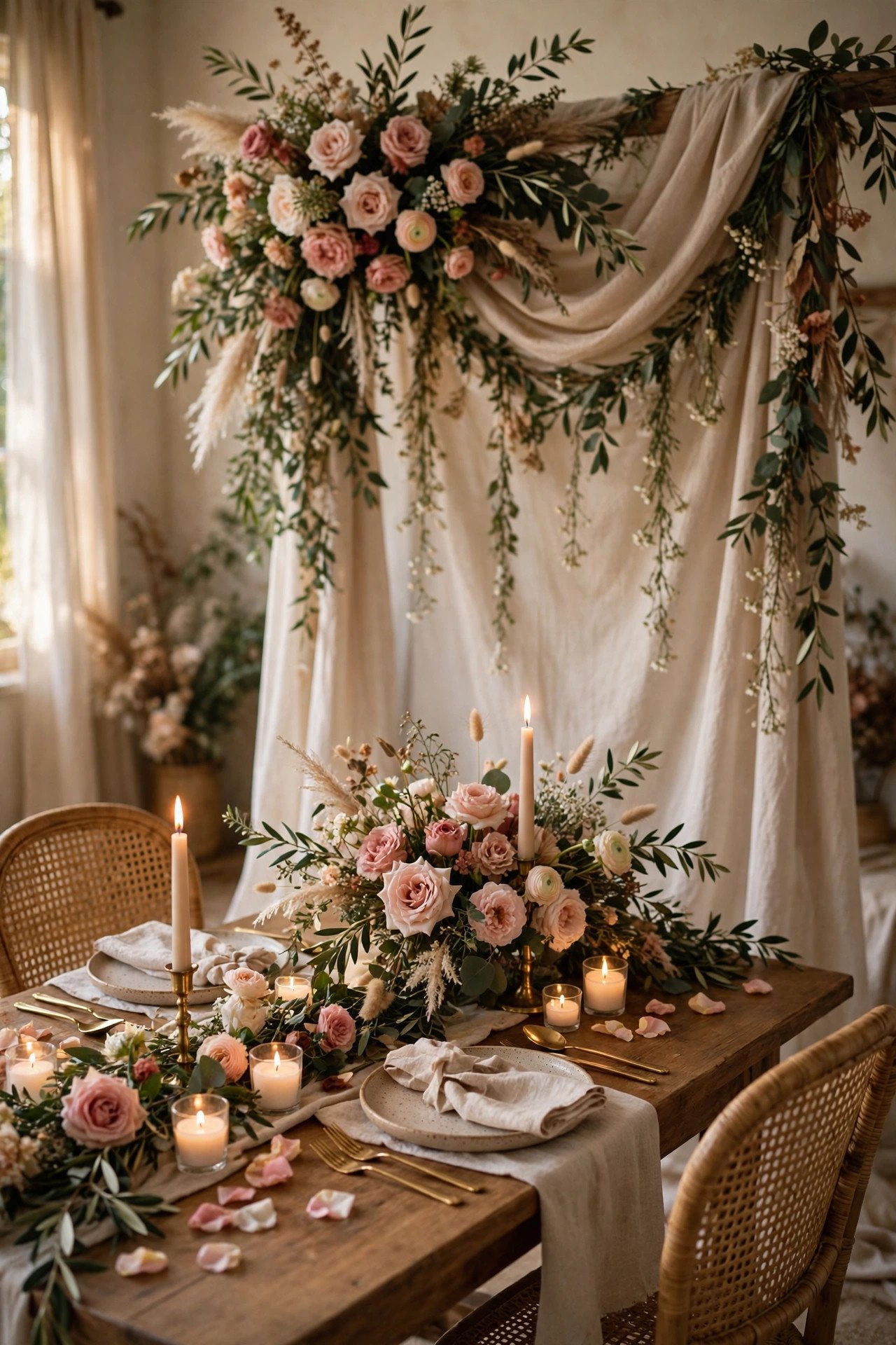 Sweetheart table styled with flowers candles and a backdrop