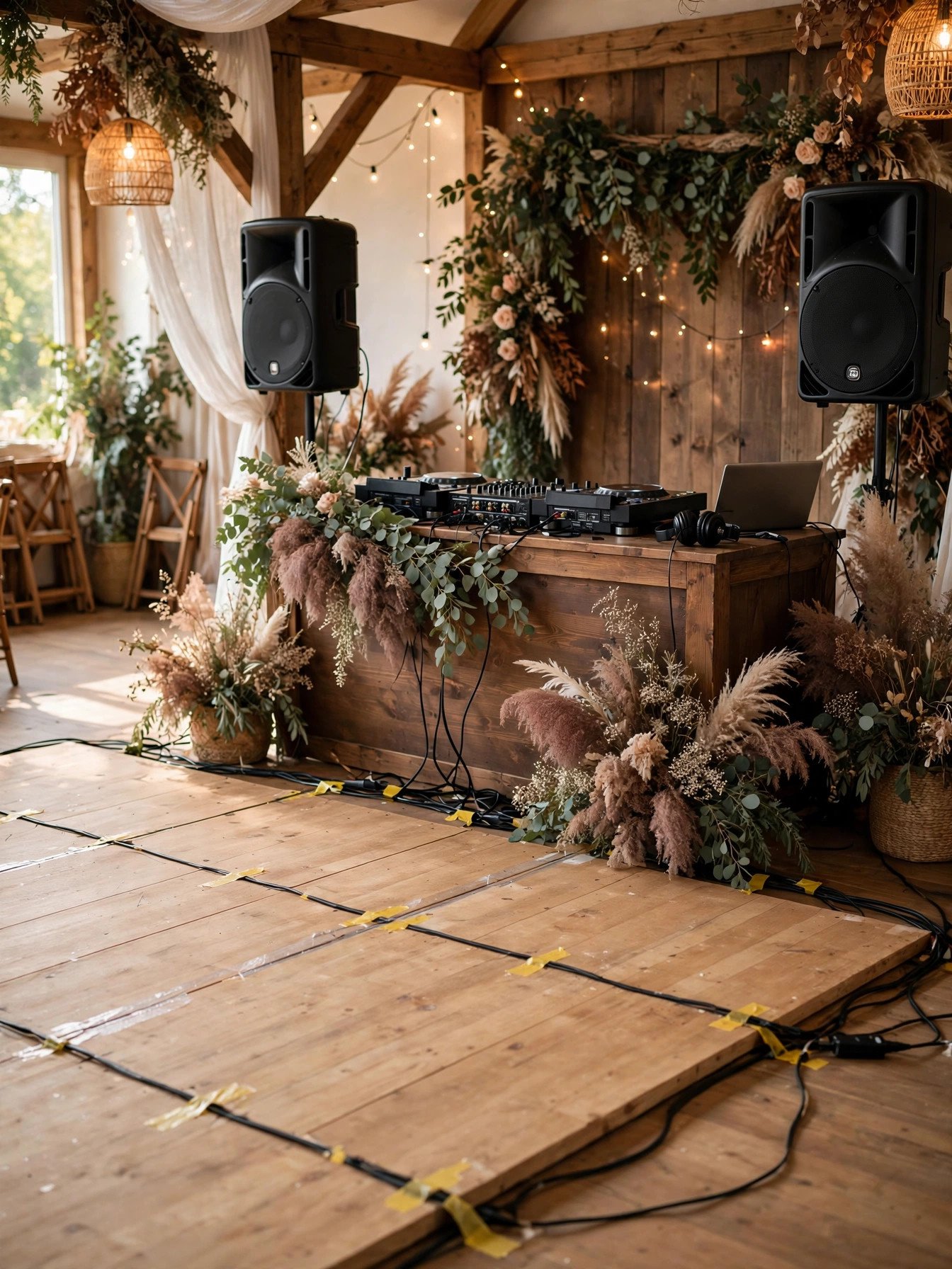 DJ booth and dance floor set up with cables taped safely at a wedding