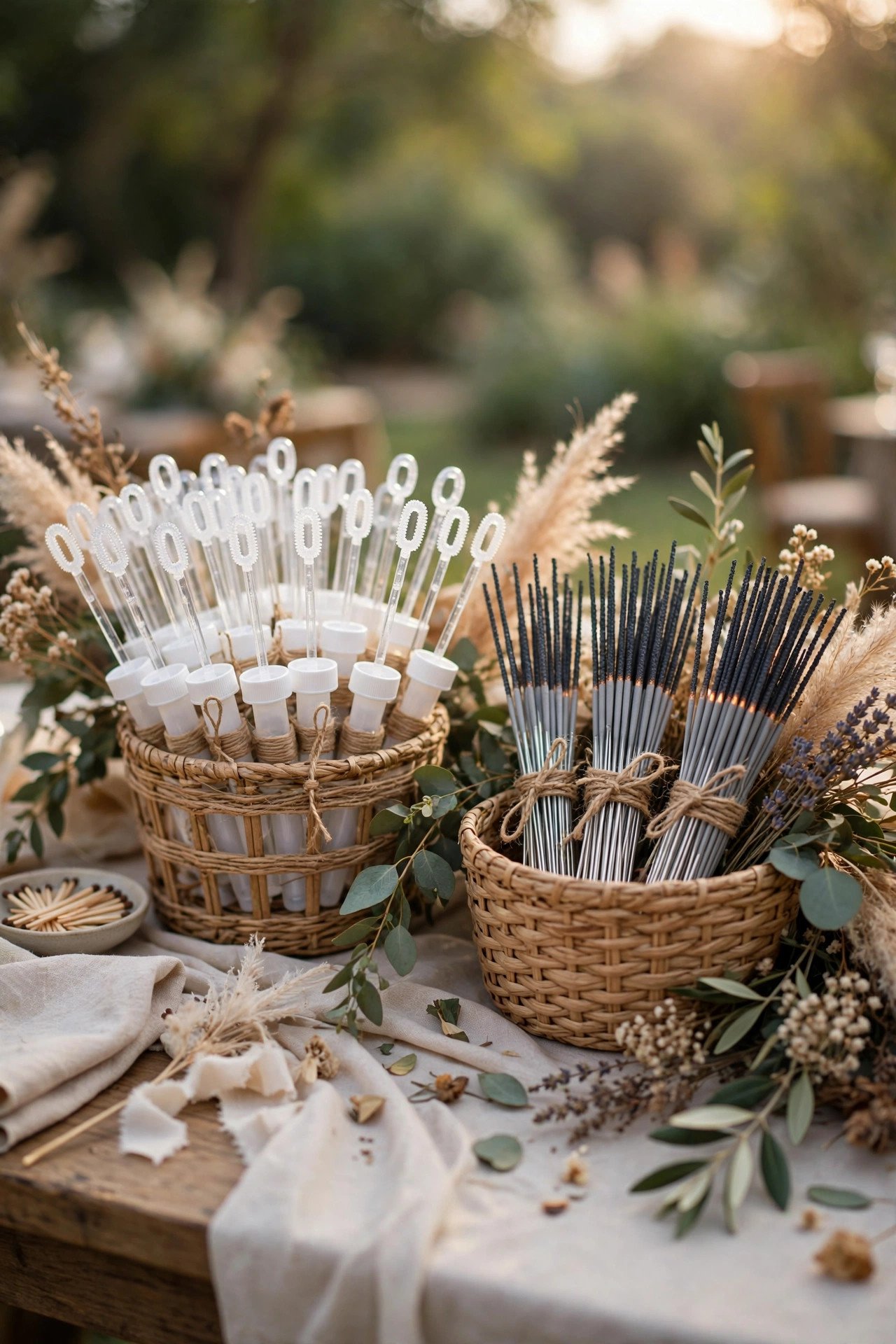 Send-off station with bubble wands and sparklers organized in baskets