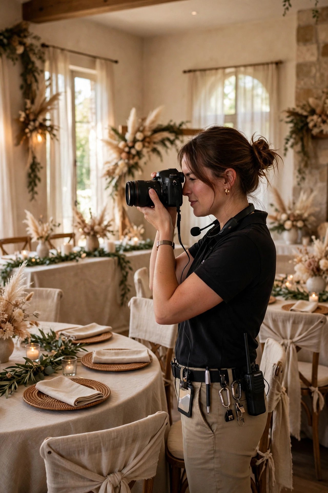 Coordinator doing a final walk-through photographing the finished wedding room