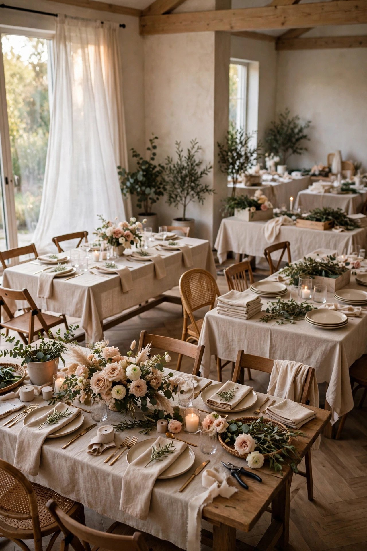 Wedding reception room half set with tables linens and centerpieces coming together