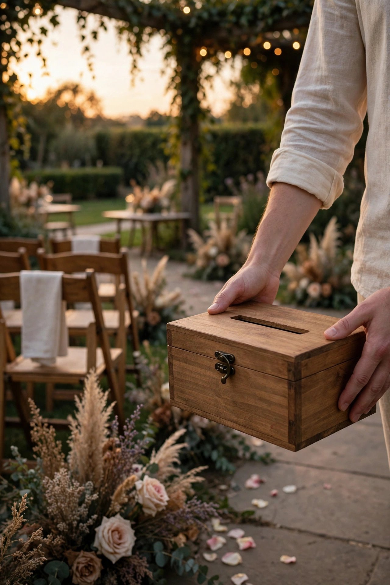 Card box being hand carried securely at the end of a wedding