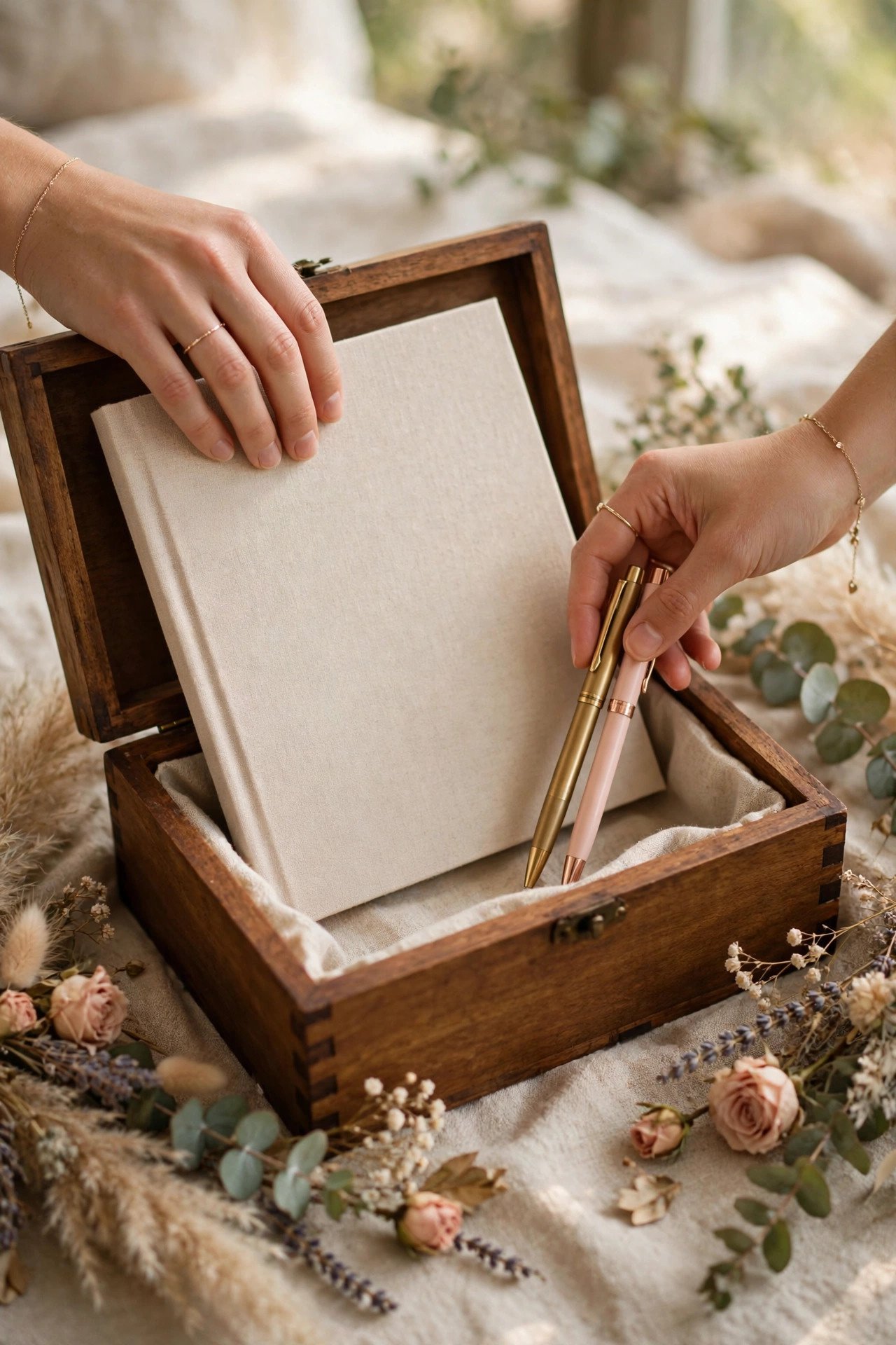Guest book and pens being collected into a keepsake box