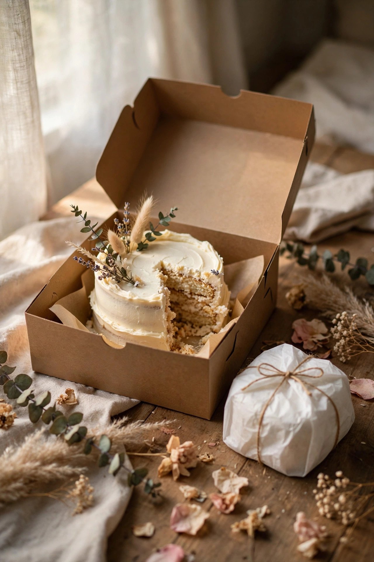 Leftover wedding cake being boxed with the cake topper wrapped separately