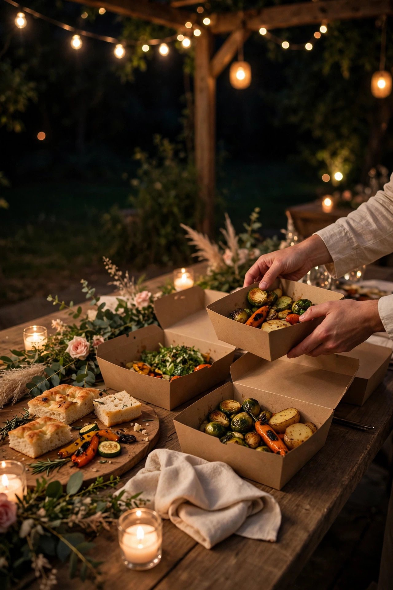 Leftover wedding food being packed into labeled takeaway boxes