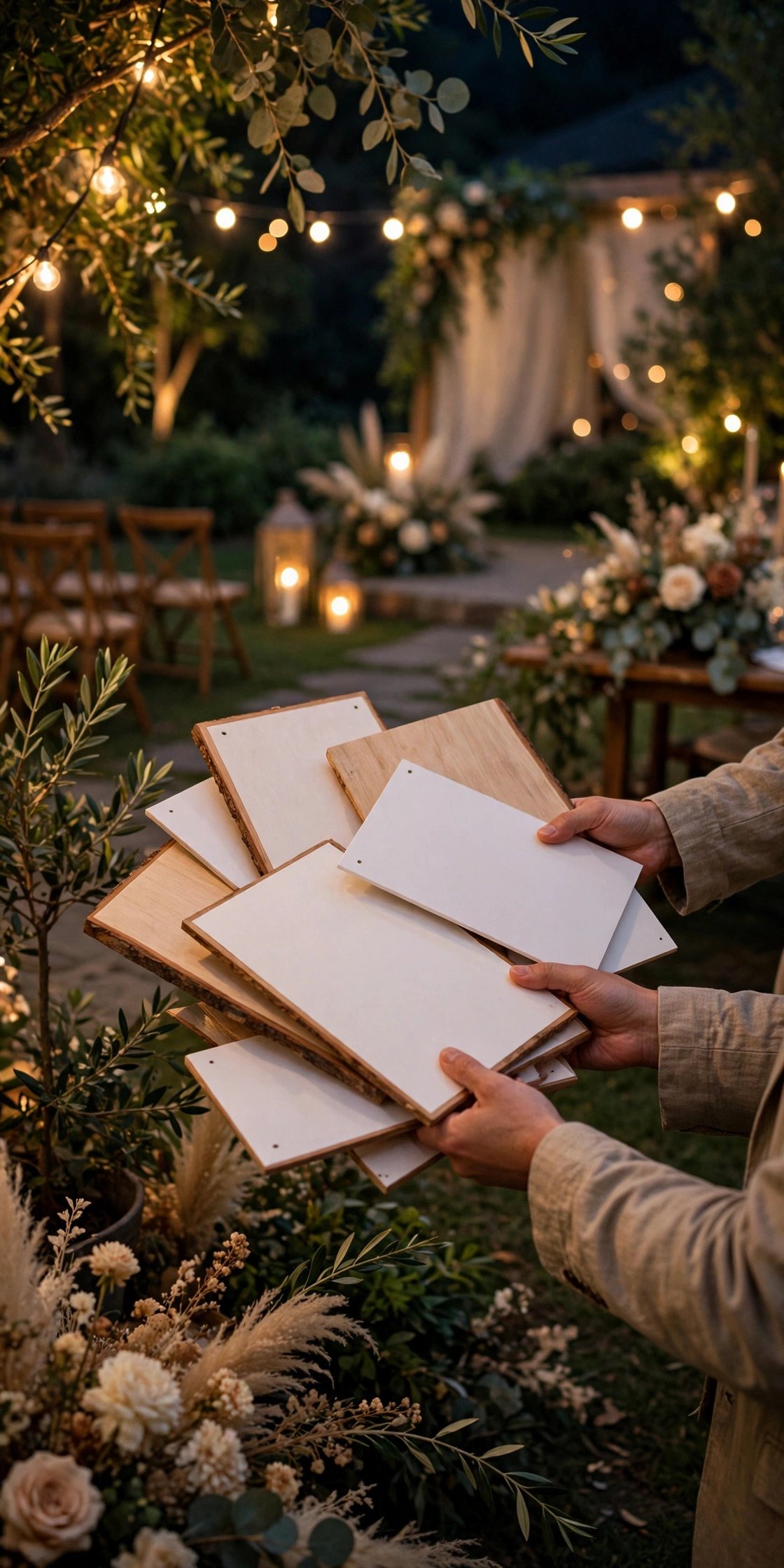 Wedding signs being gathered from around a venue at night