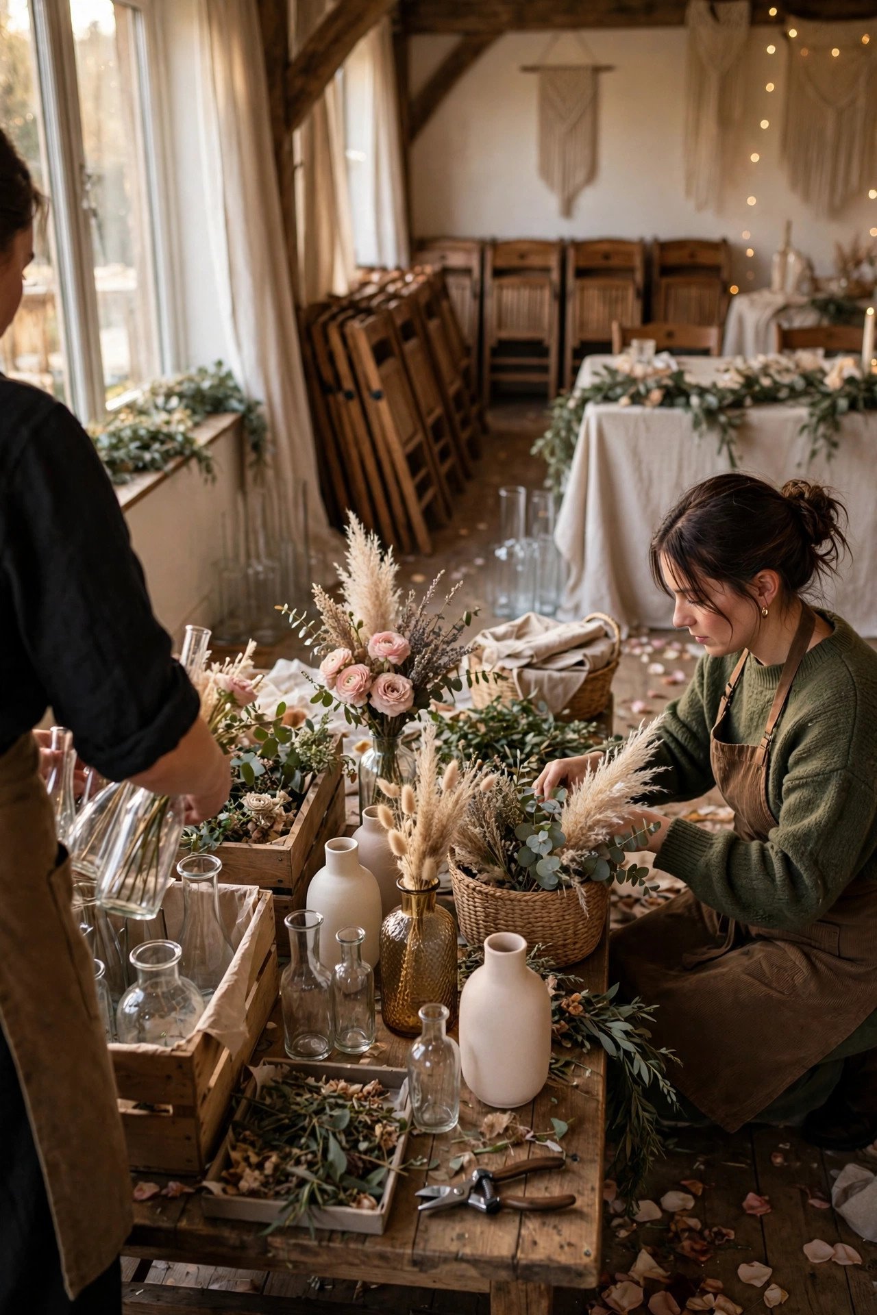 Centerpieces and vases being gathered and sorted at the end of a wedding