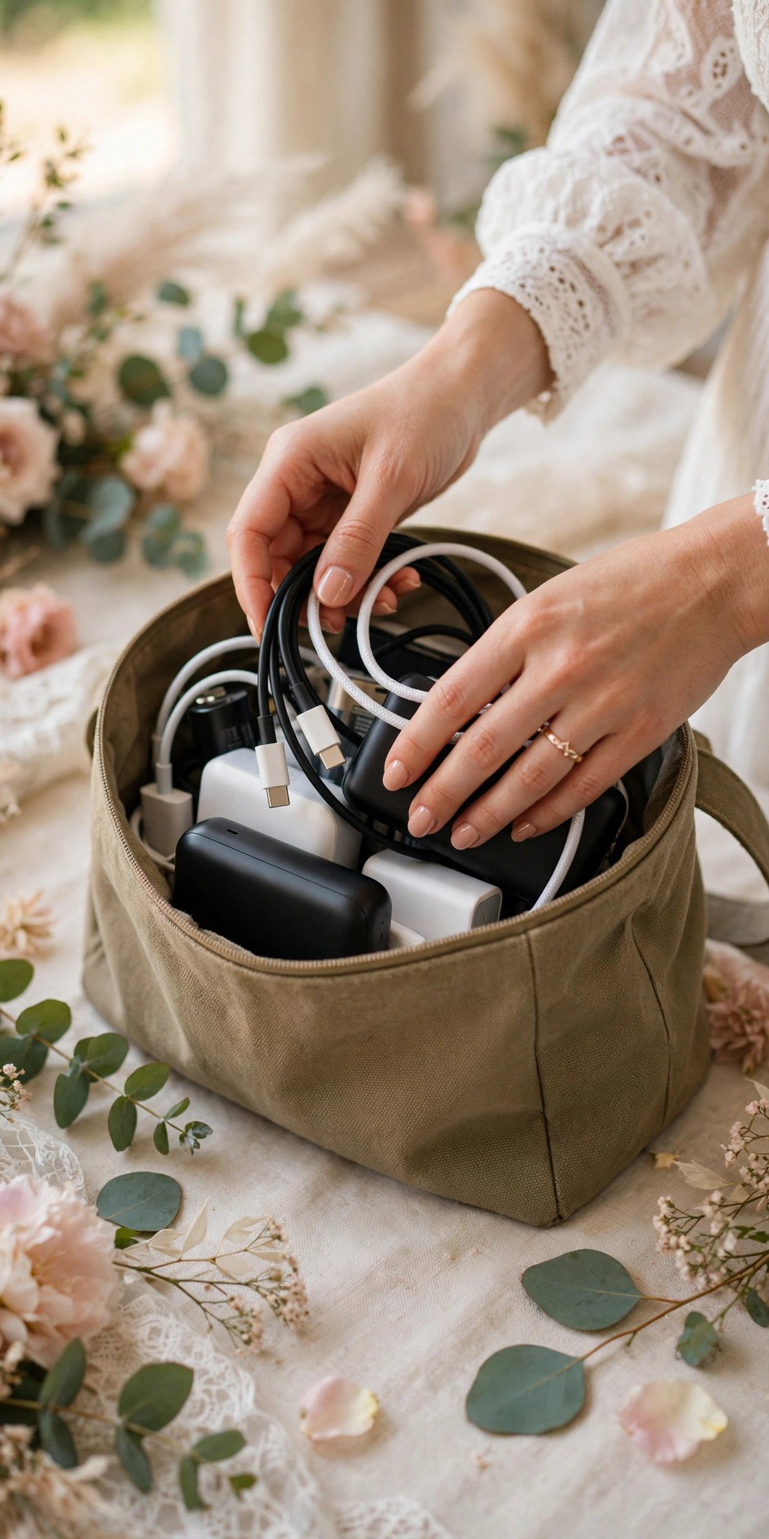 Phone chargers cables and batteries being collected into one tech bag