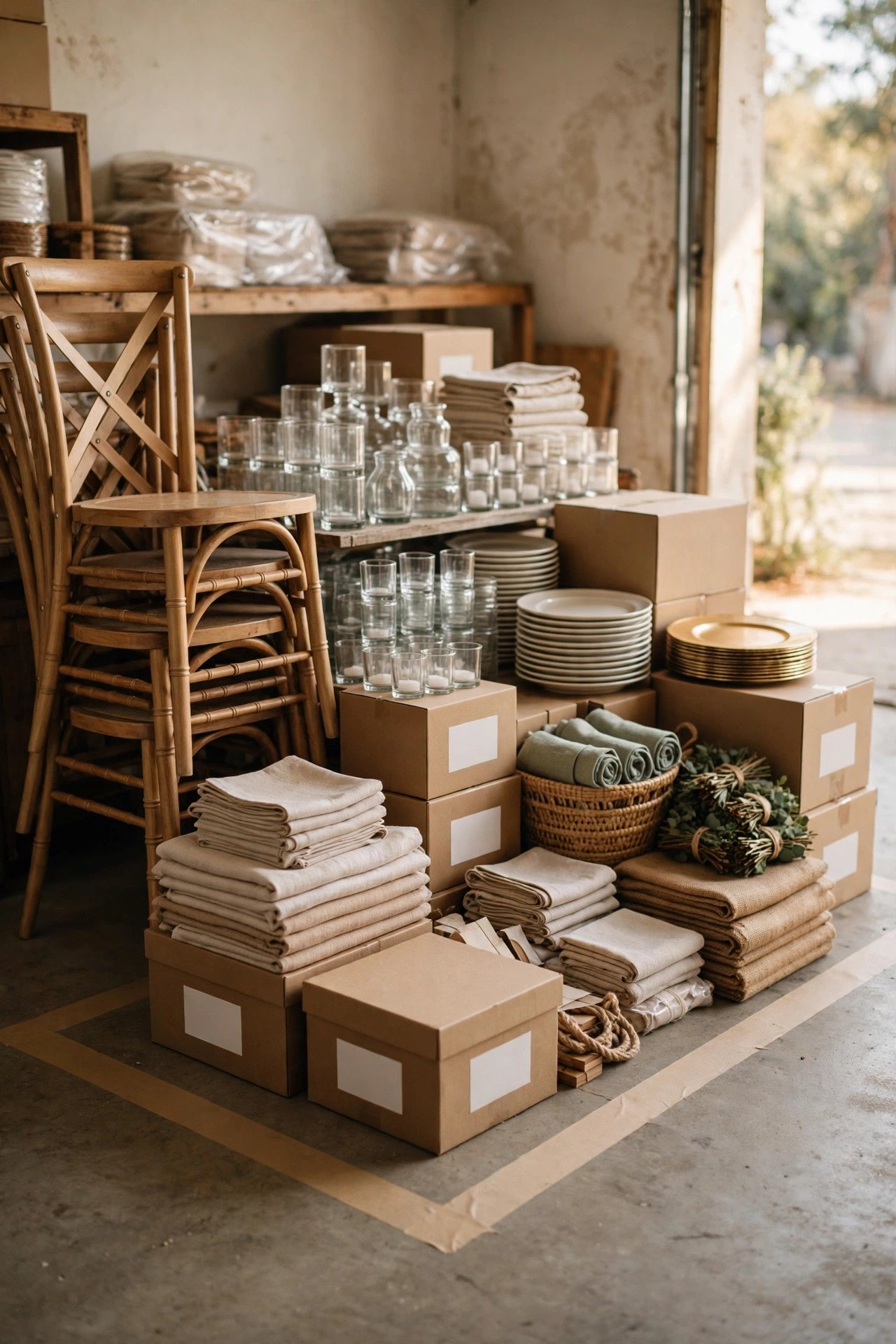 Rental items stacked in one labeled zone ready for next-day pickup