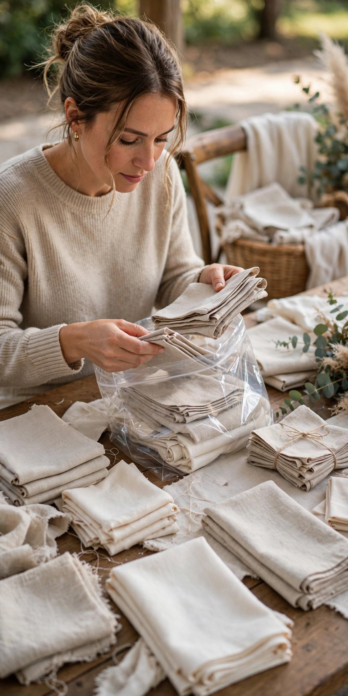 Wedding linens and napkins being counted and bagged after the reception
