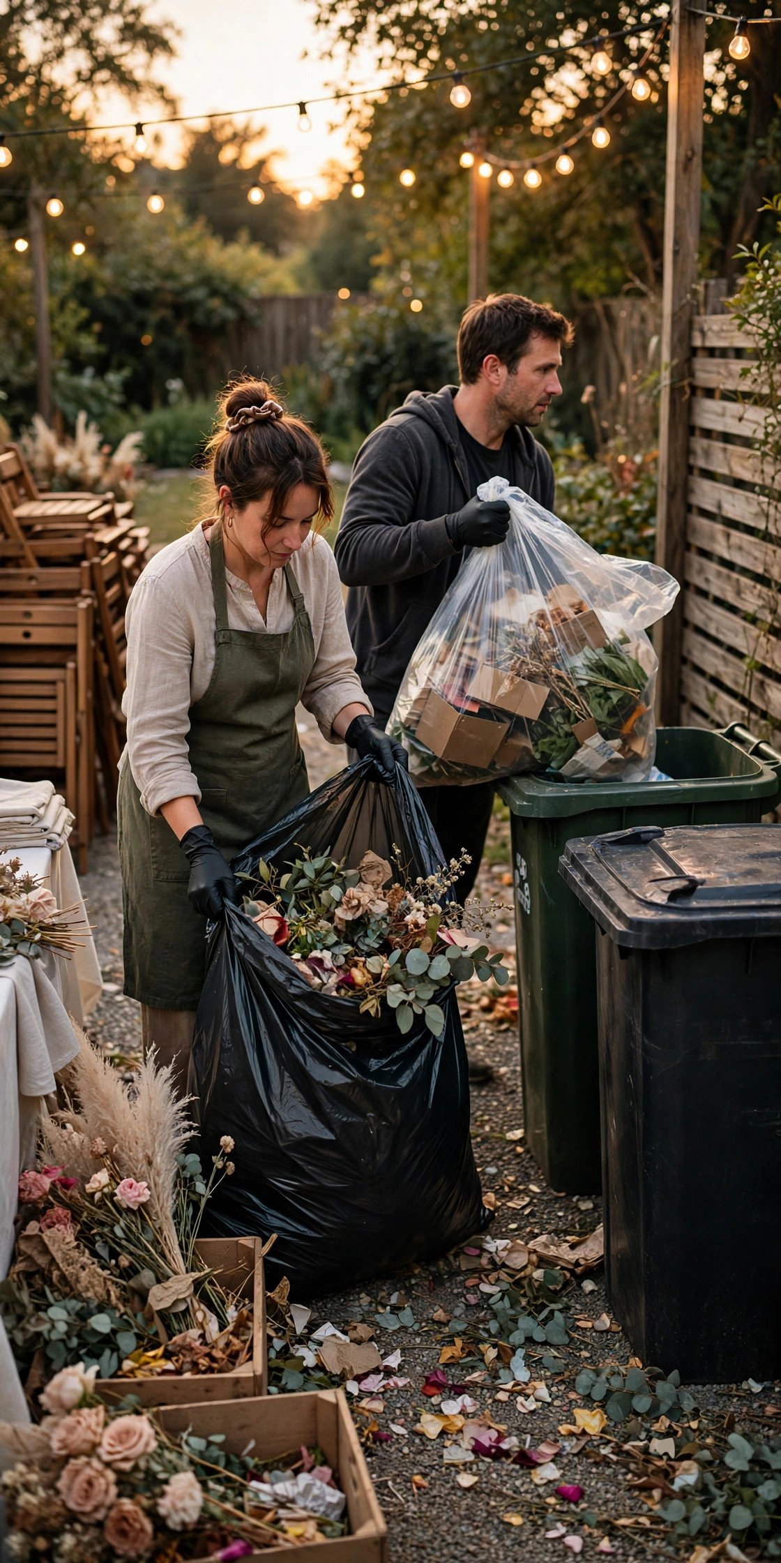 Trash and recycling being bagged and taken to venue bins at the end of a wedding