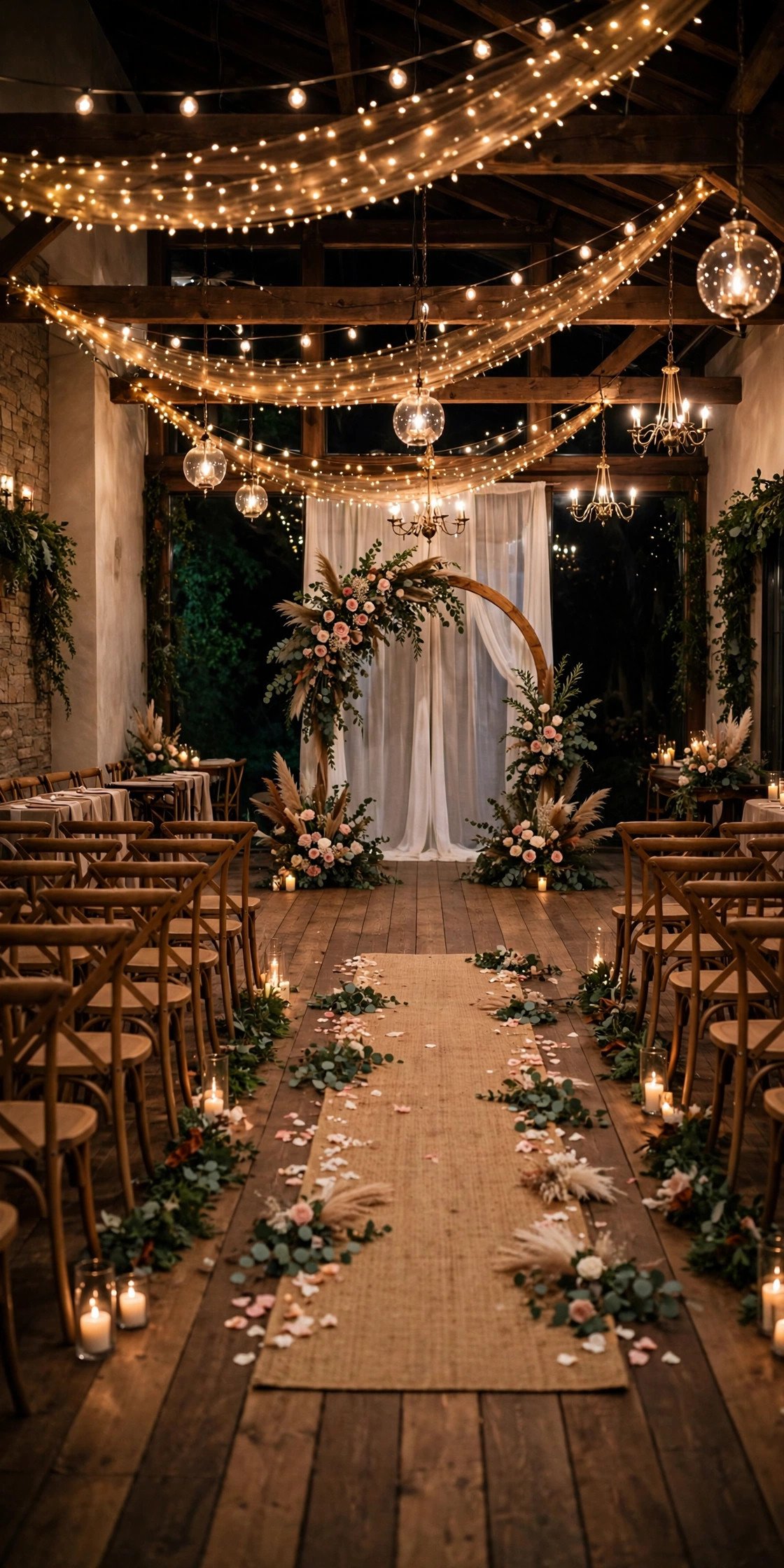 Final lights-on walkthrough of an empty wedding venue at night