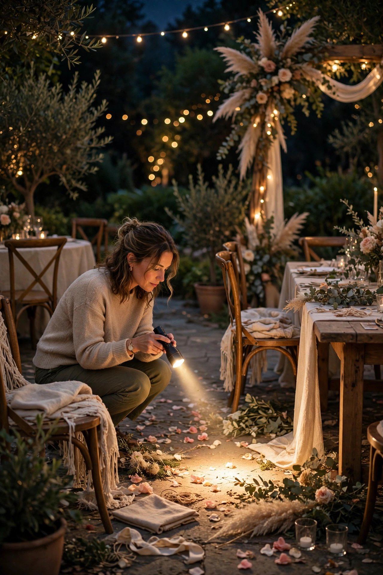 Outdoor wedding area being checked with a torch for leftover items