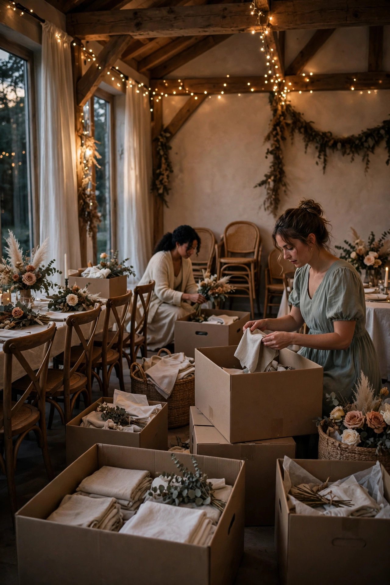 Wedding reception room at the end of the night with boxes being packed by soft light