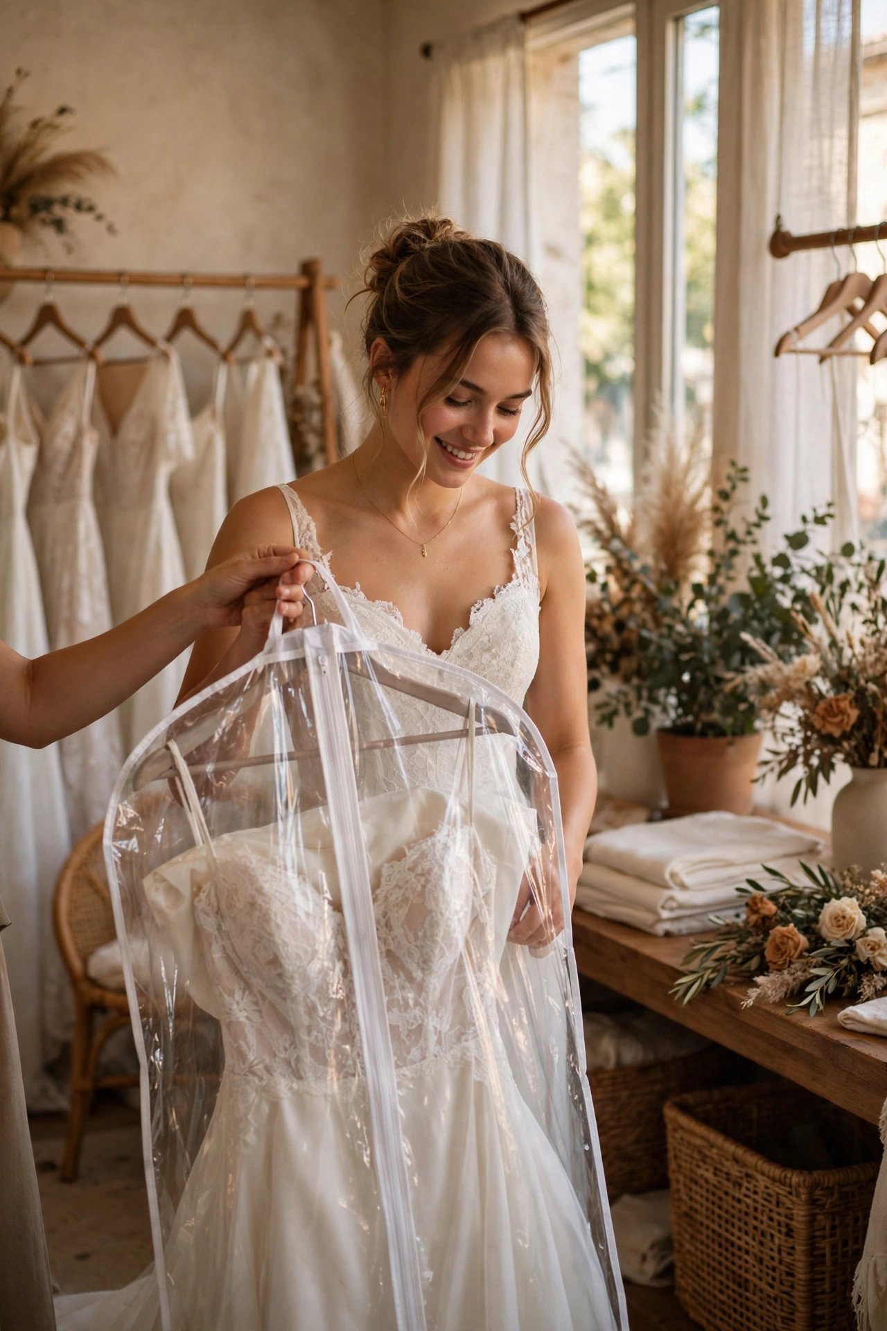 Final wedding dress fitting and garment bag pickup at a boutique