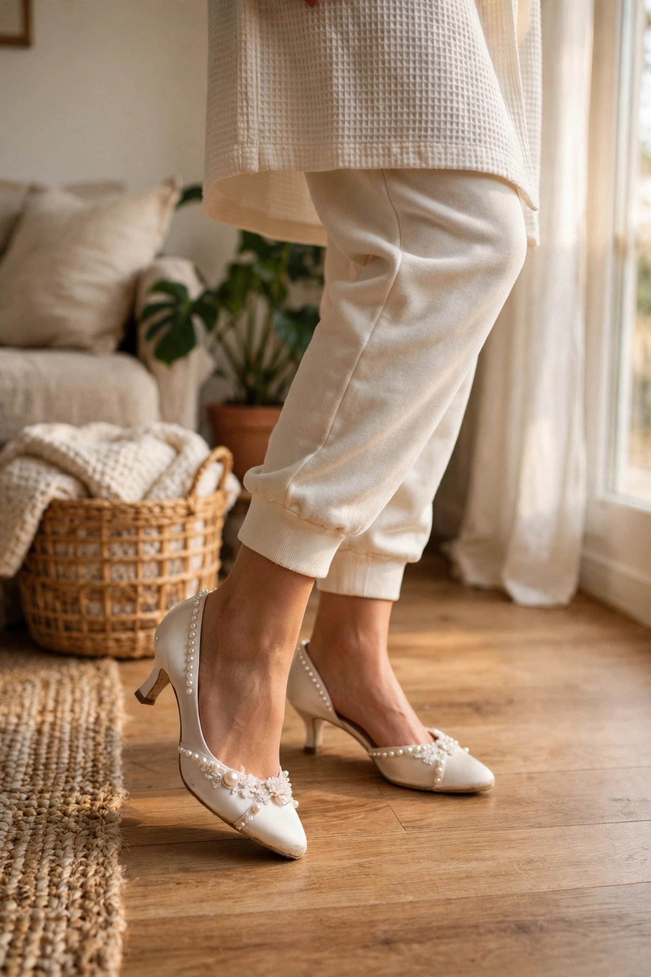 Wedding shoes being worn around the house to break them in