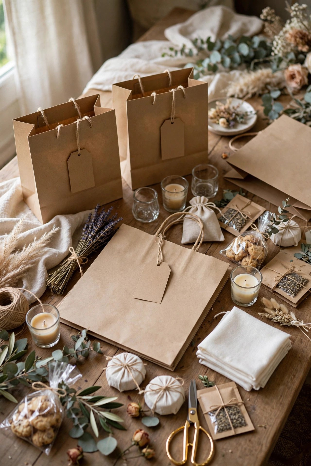 Welcome bags and wedding favors being assembled on a table