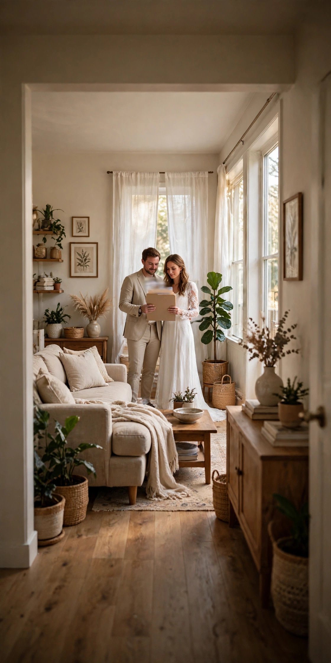 Couple checking their marriage license paperwork together at home