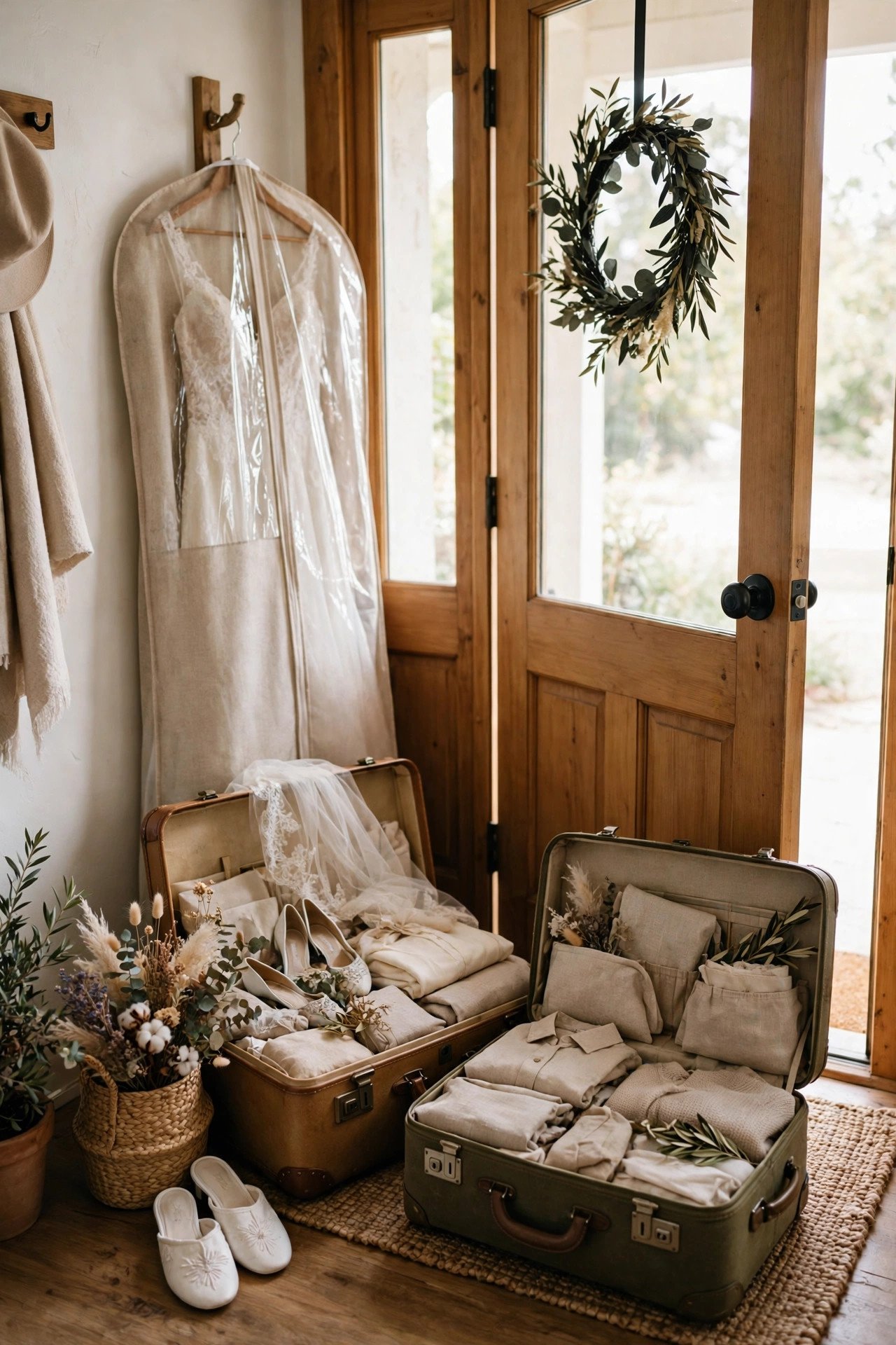 Suitcases packed and waiting by the door two days before the wedding