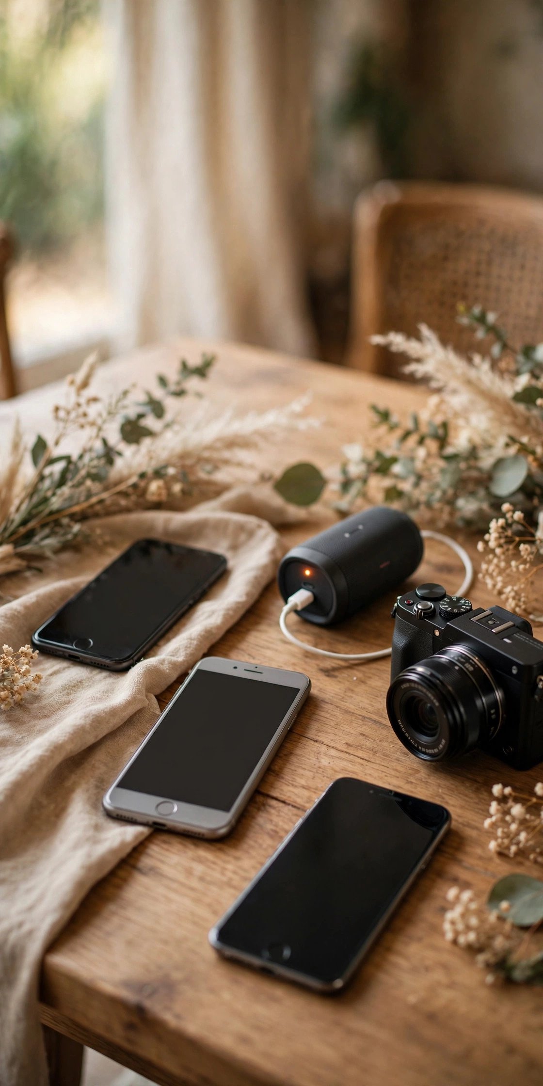 Phones cameras and a speaker charging with playlists being tested