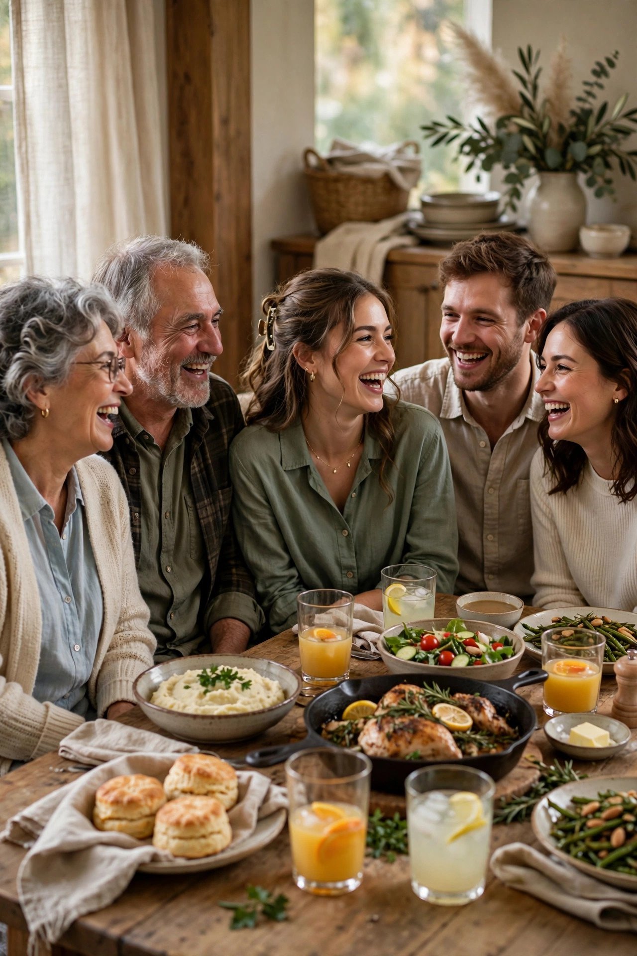 Relaxed rehearsal dinner with family sharing comfort food and laughter