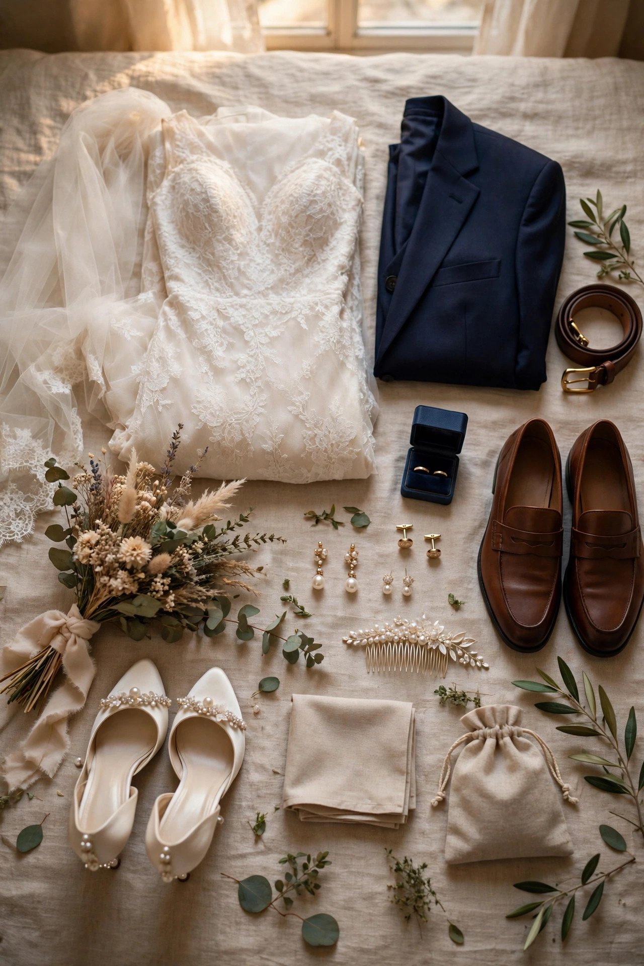 Wedding outfits and accessories laid out ready the night before