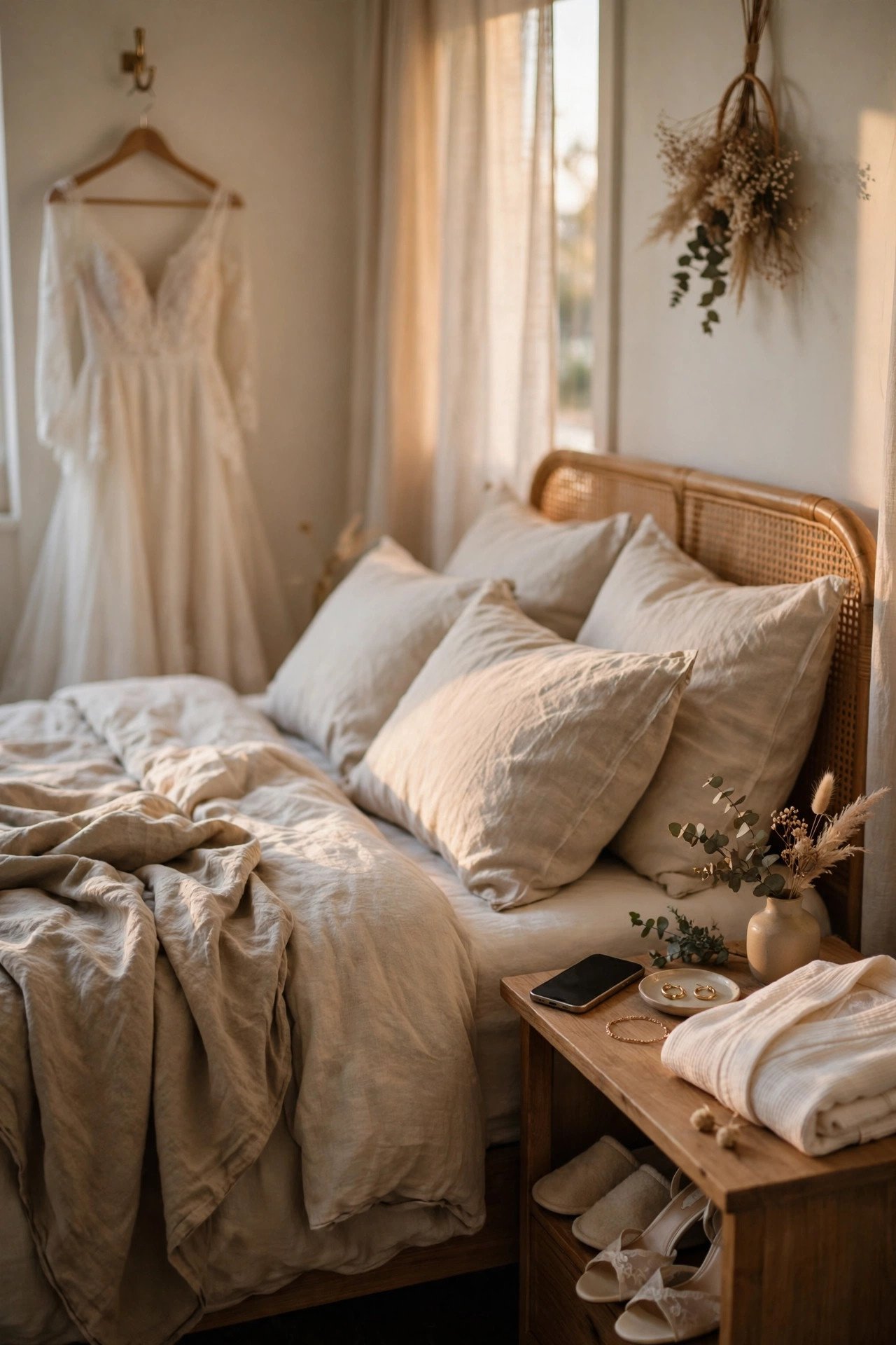 Calm bedroom scene with phone set aside for an early night before the wedding