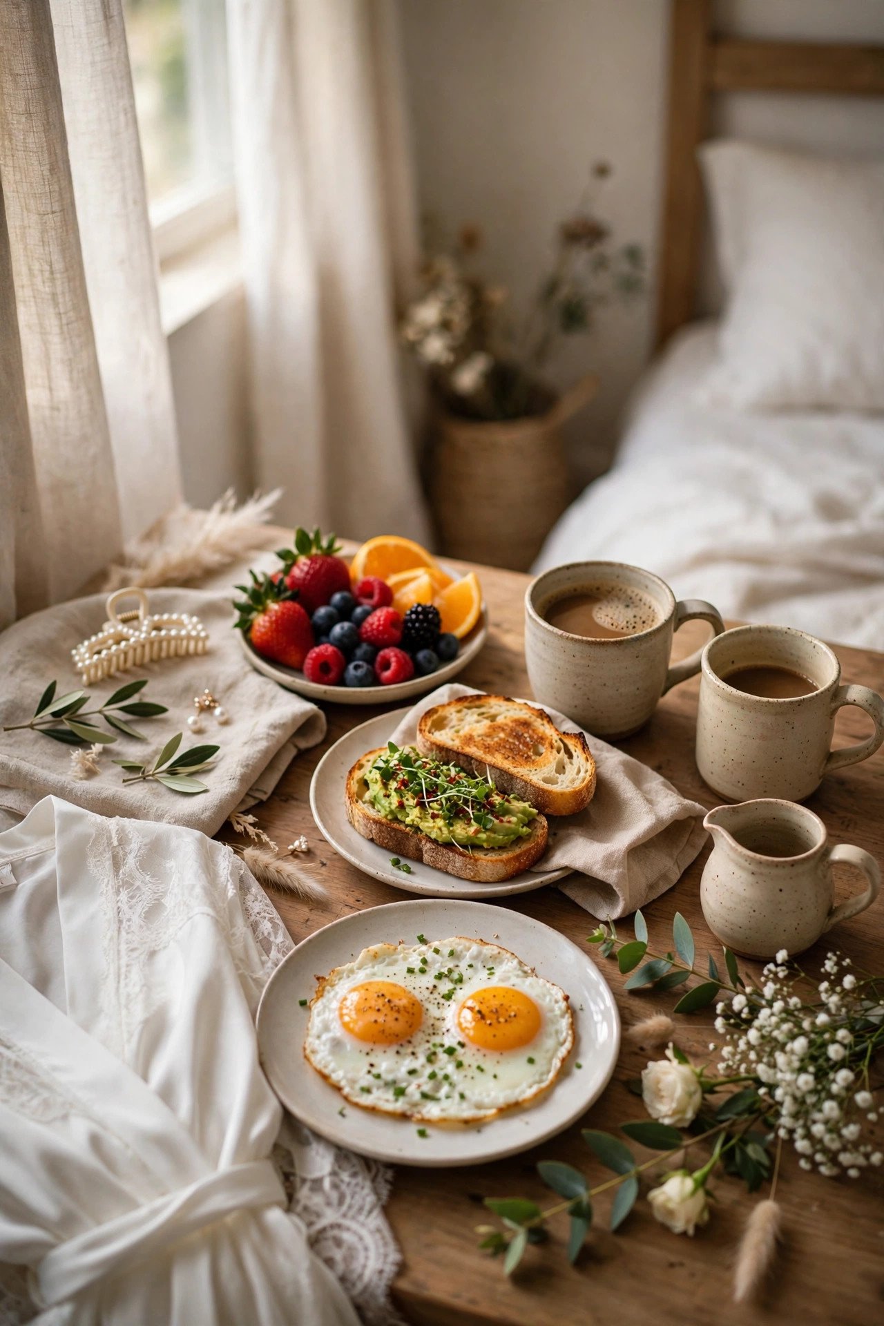 Proper wedding morning breakfast with eggs toast fruit and coffee