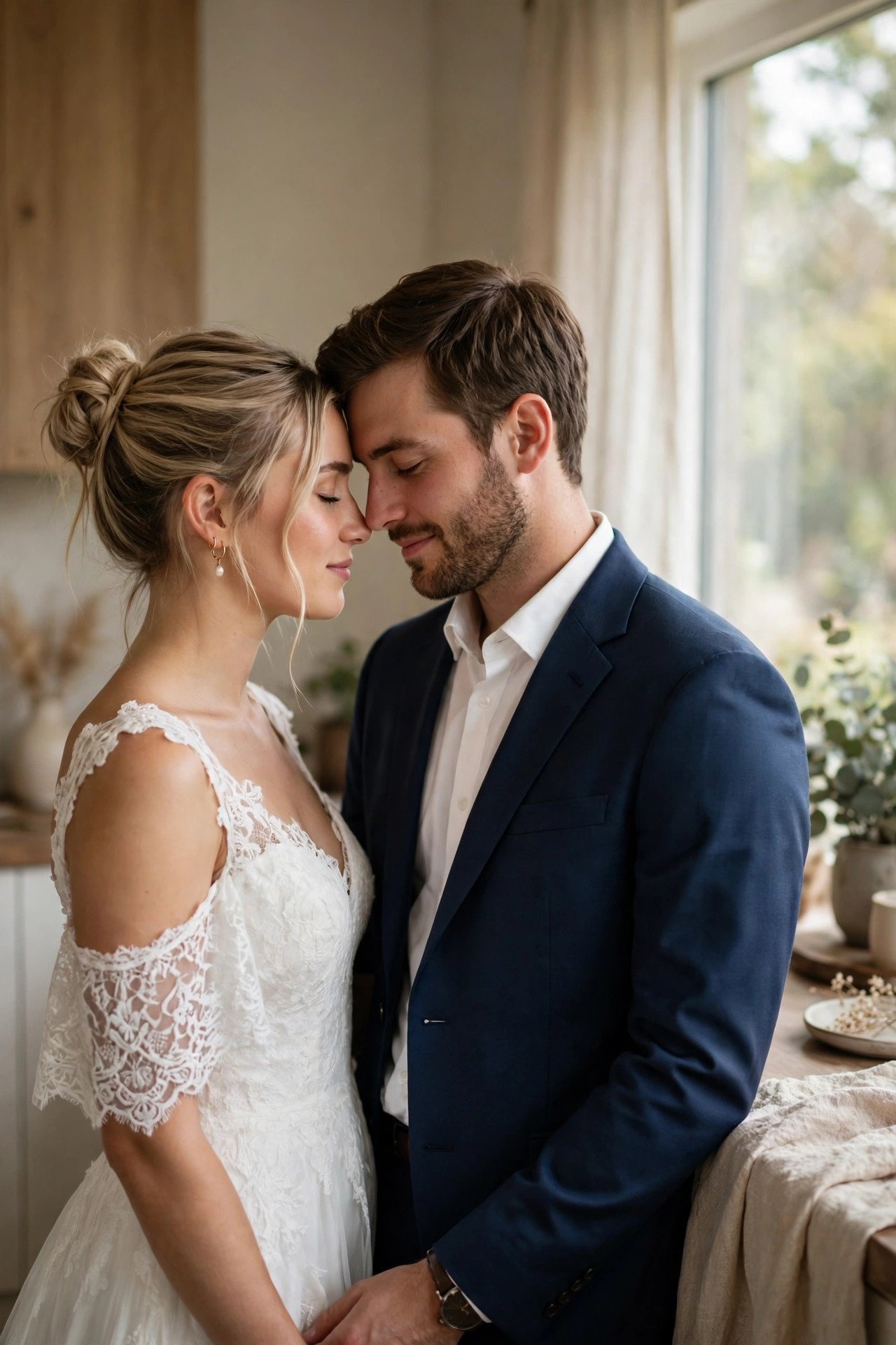 Couple sharing a quiet moment together before leaving for the ceremony