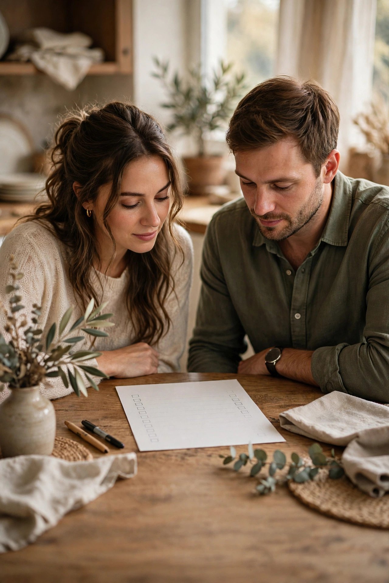 Couple calmly organizing wedding week details at a kitchen table with a checklist