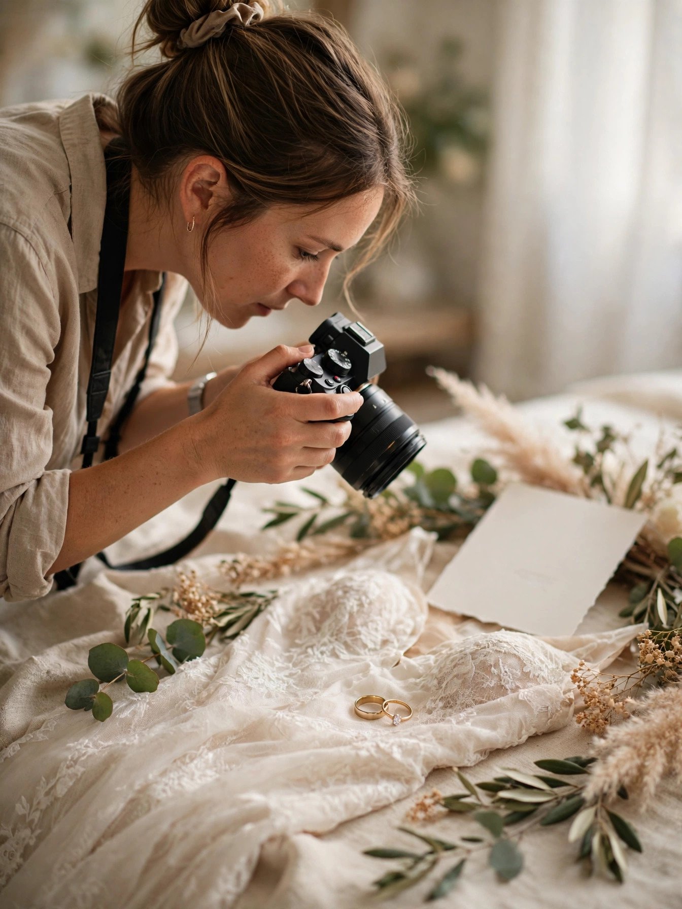 Photographer shooting dress rings and invitation details in the morning