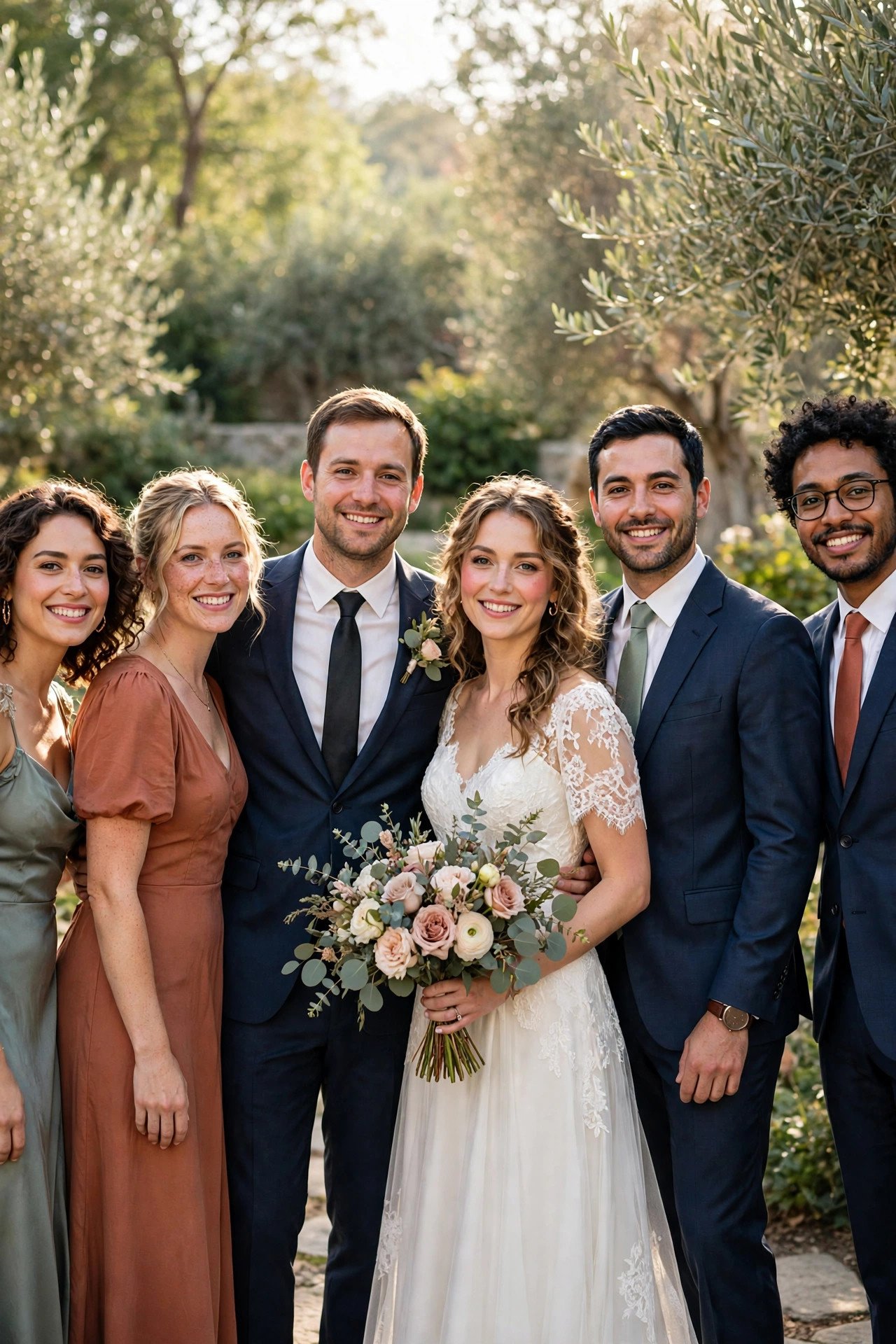 Wedding party portraits in soft late-morning light