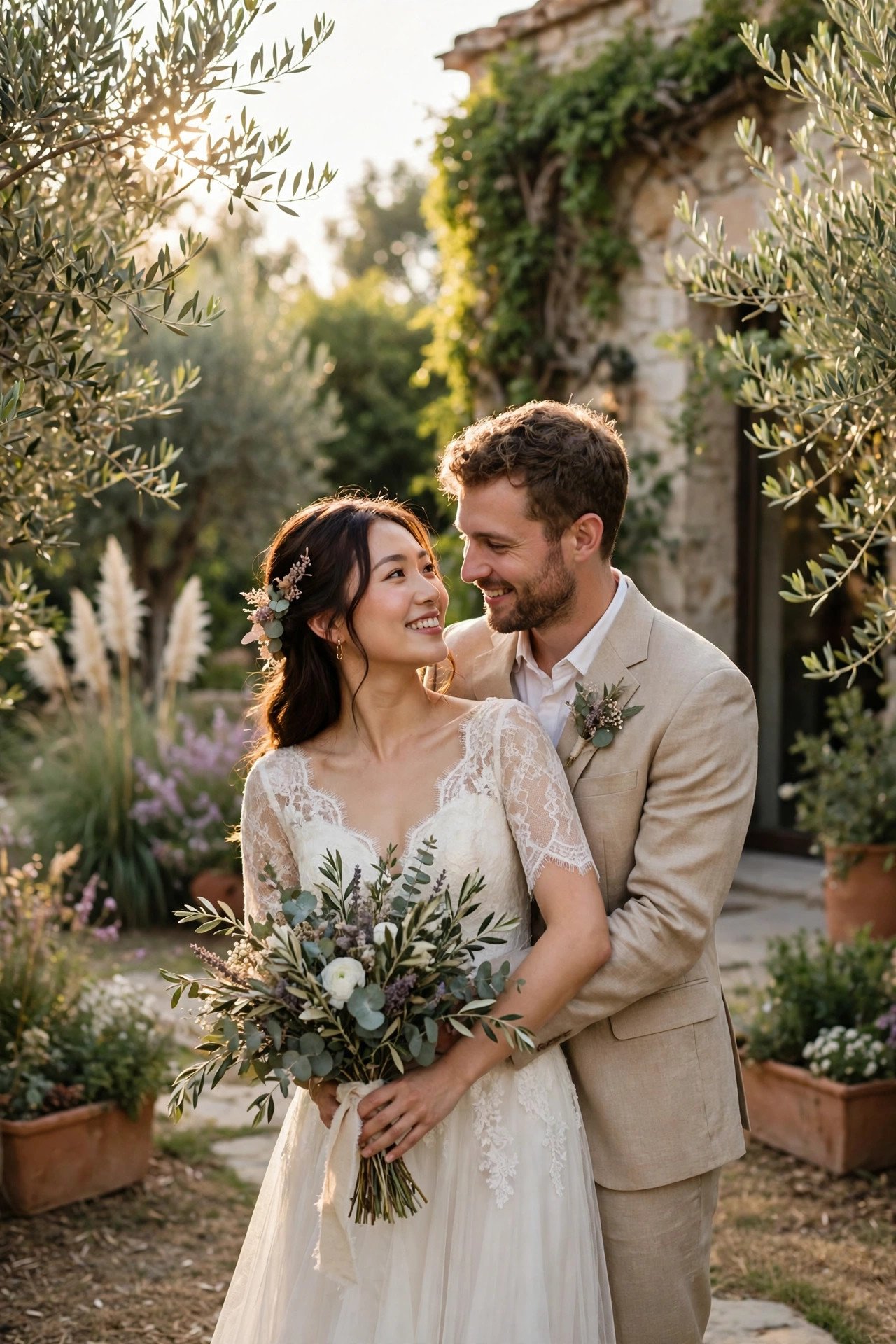 Newlywed portraits around the venue grounds in afternoon light